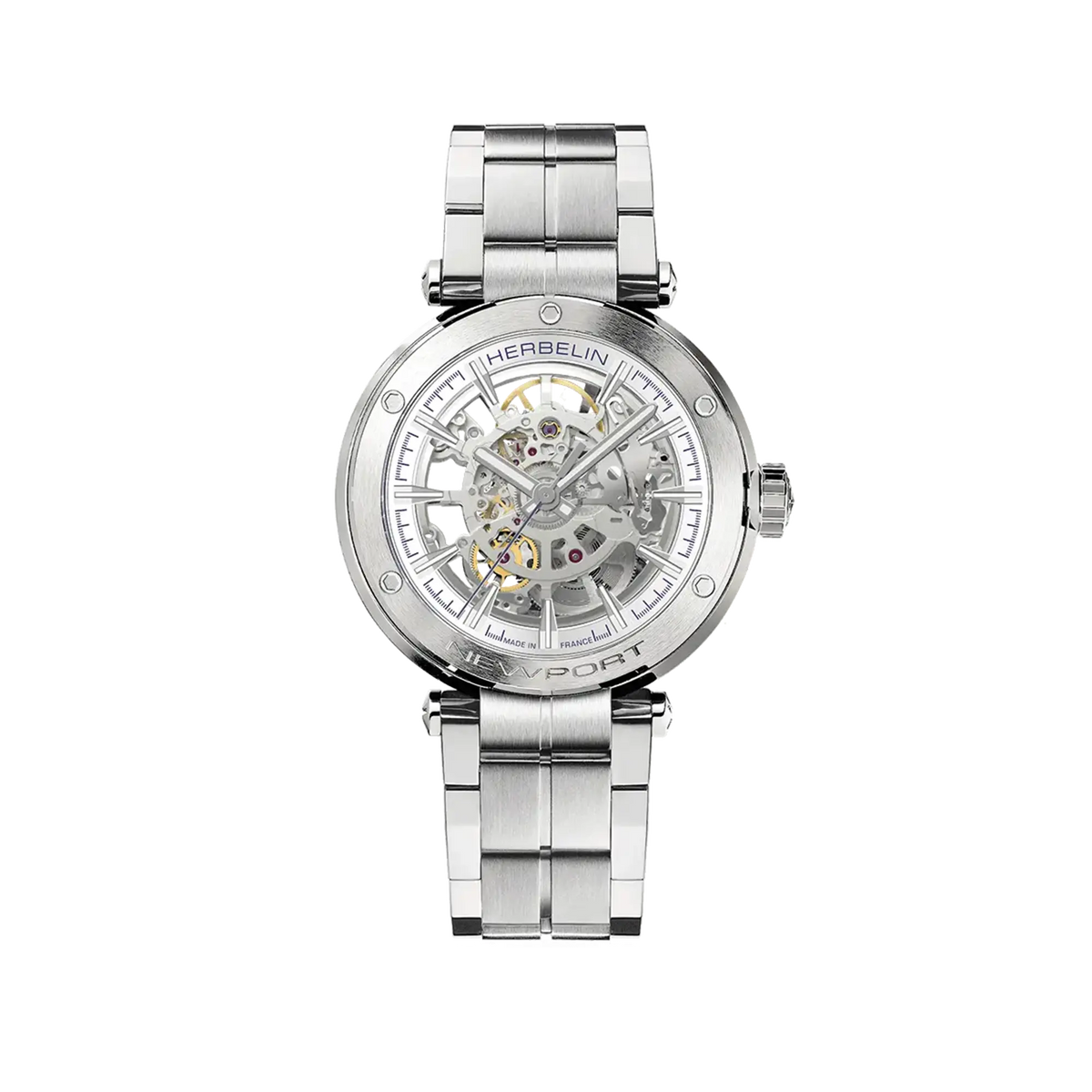 Newport skeleton, brushed white silver dial, round steel case, steel bracelet
