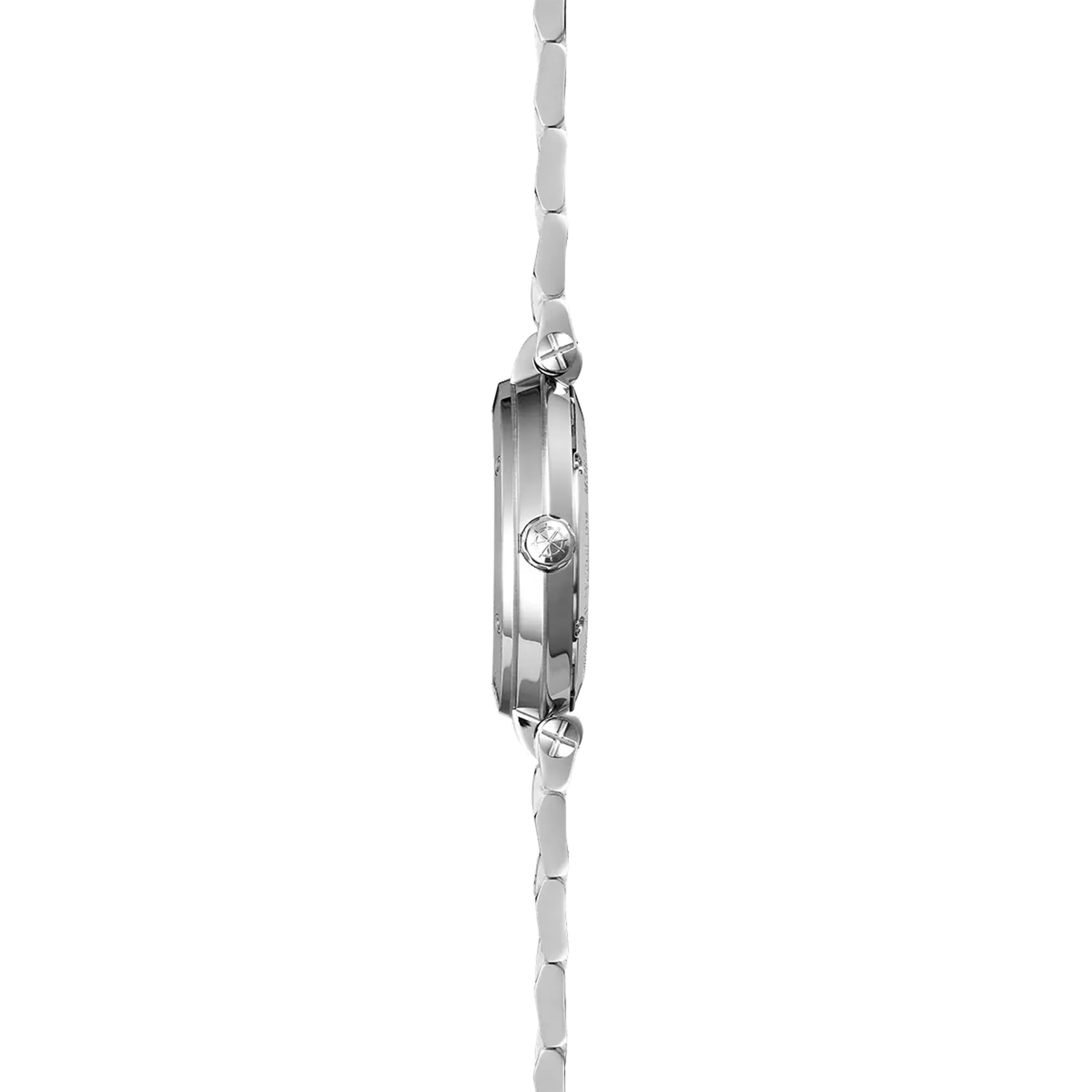 Vue de profil, tranche acier, couronne et attaches du bracelet acier