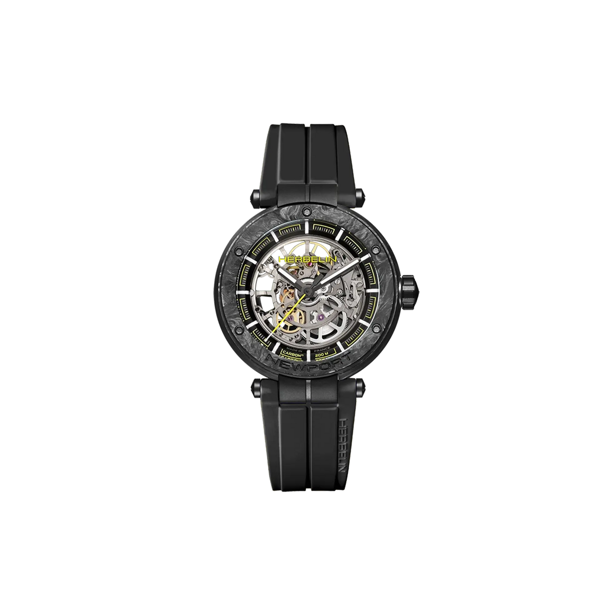 Newport Carbon, black dial, round titanium case, rubber strap