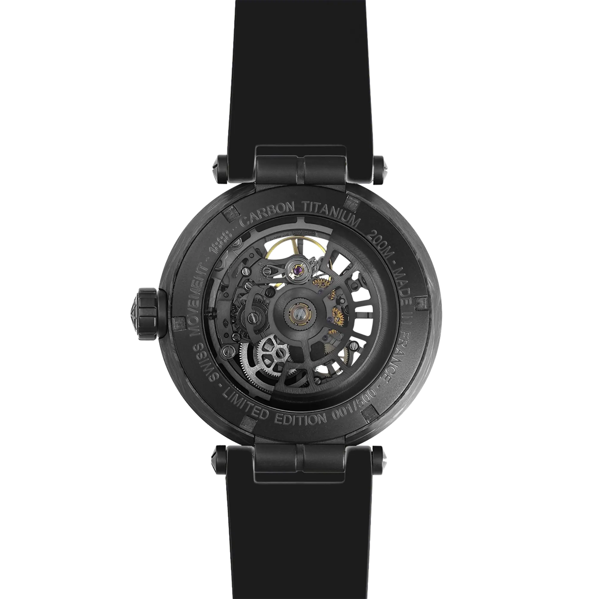 Fond saphir transparent de la Newport carbone, mécanisme automatique apparent
