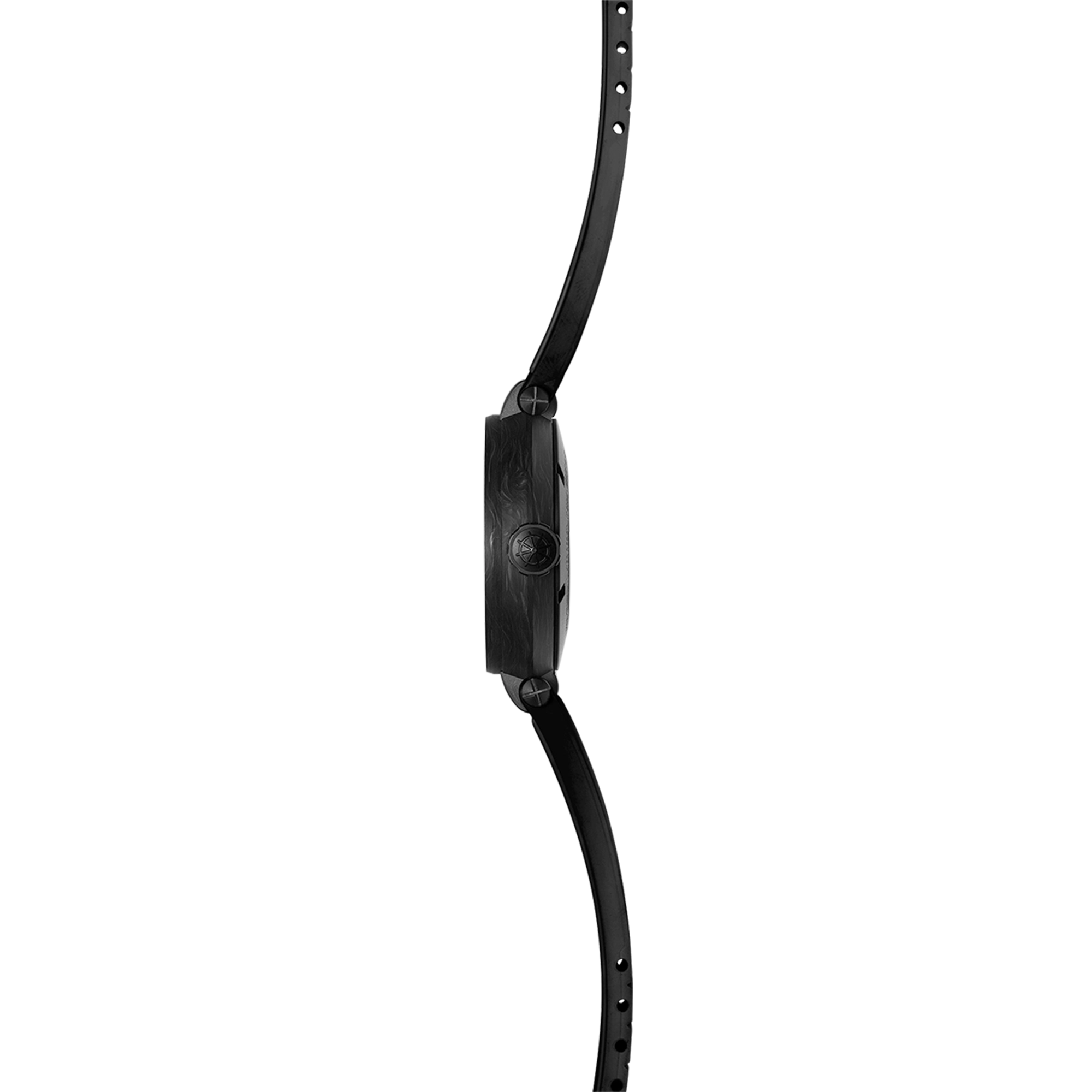Vue de profil, tranche titane, couronne et attaches du bracelet caoutchouc