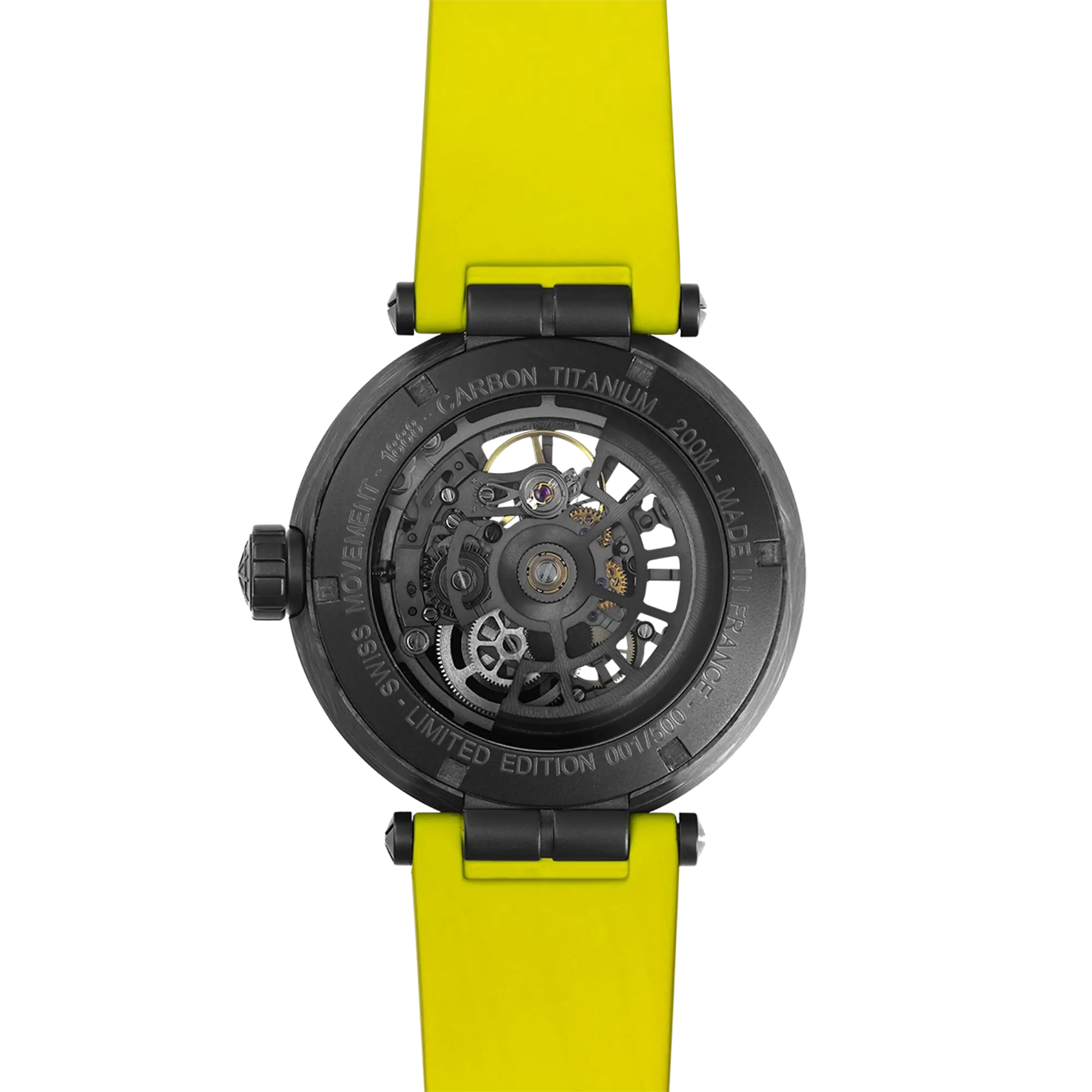 Fond saphir transparent de la Newport carbone, mécanisme automatique apparent