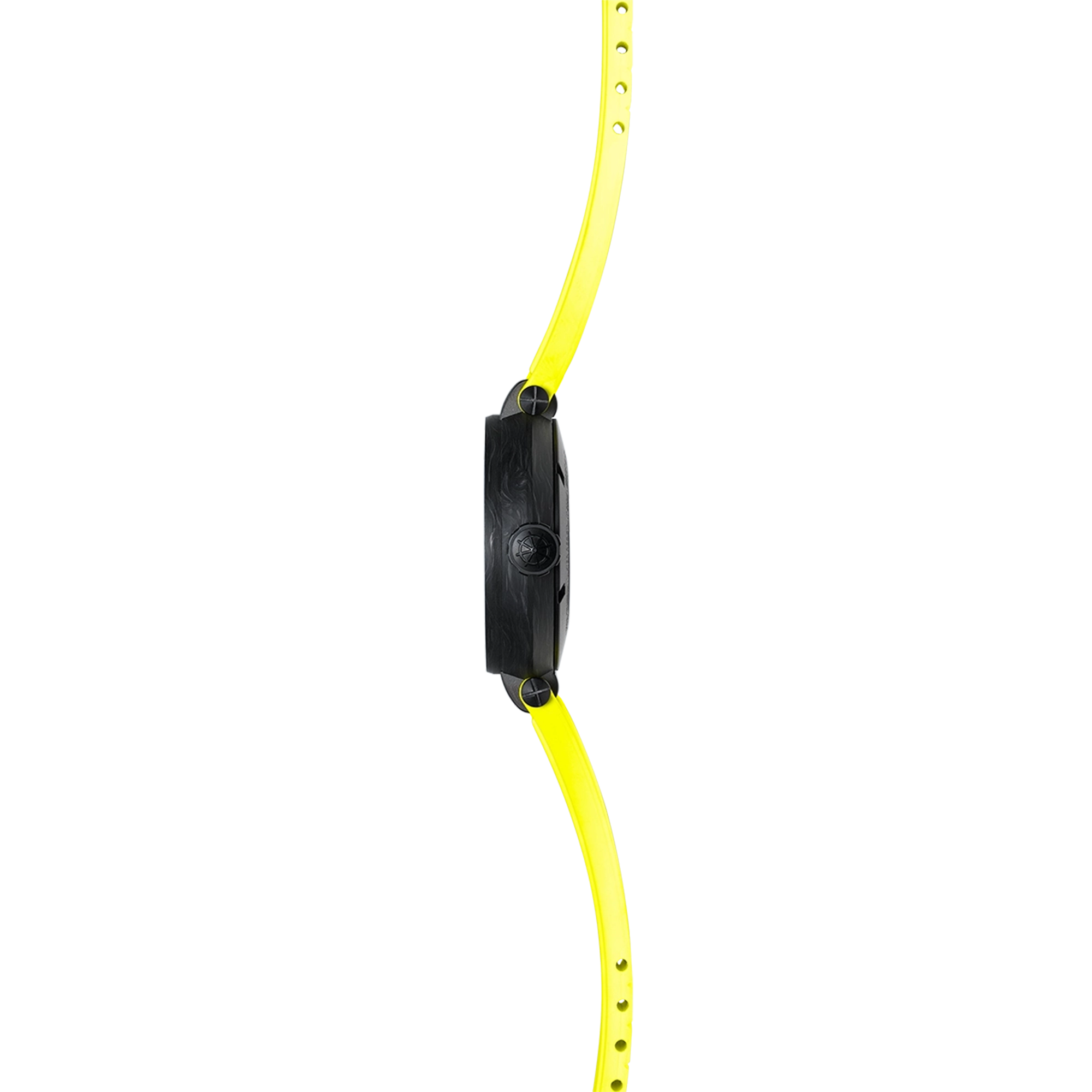 Vue de profil, tranche titane, couronne et attaches du bracelet caoutchouc