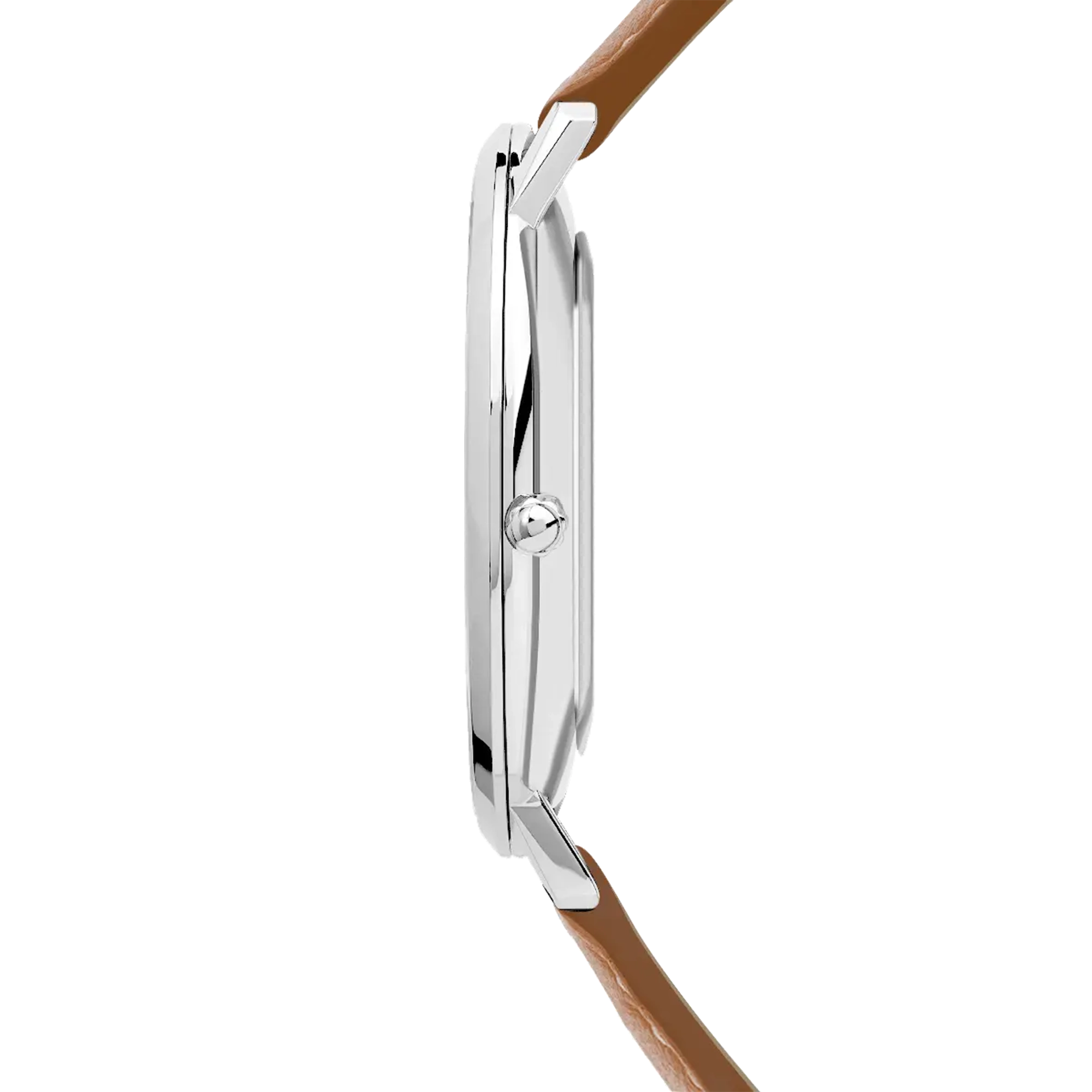 Vue de profil, tranche acier, couronne et attaches du bracelet cuir