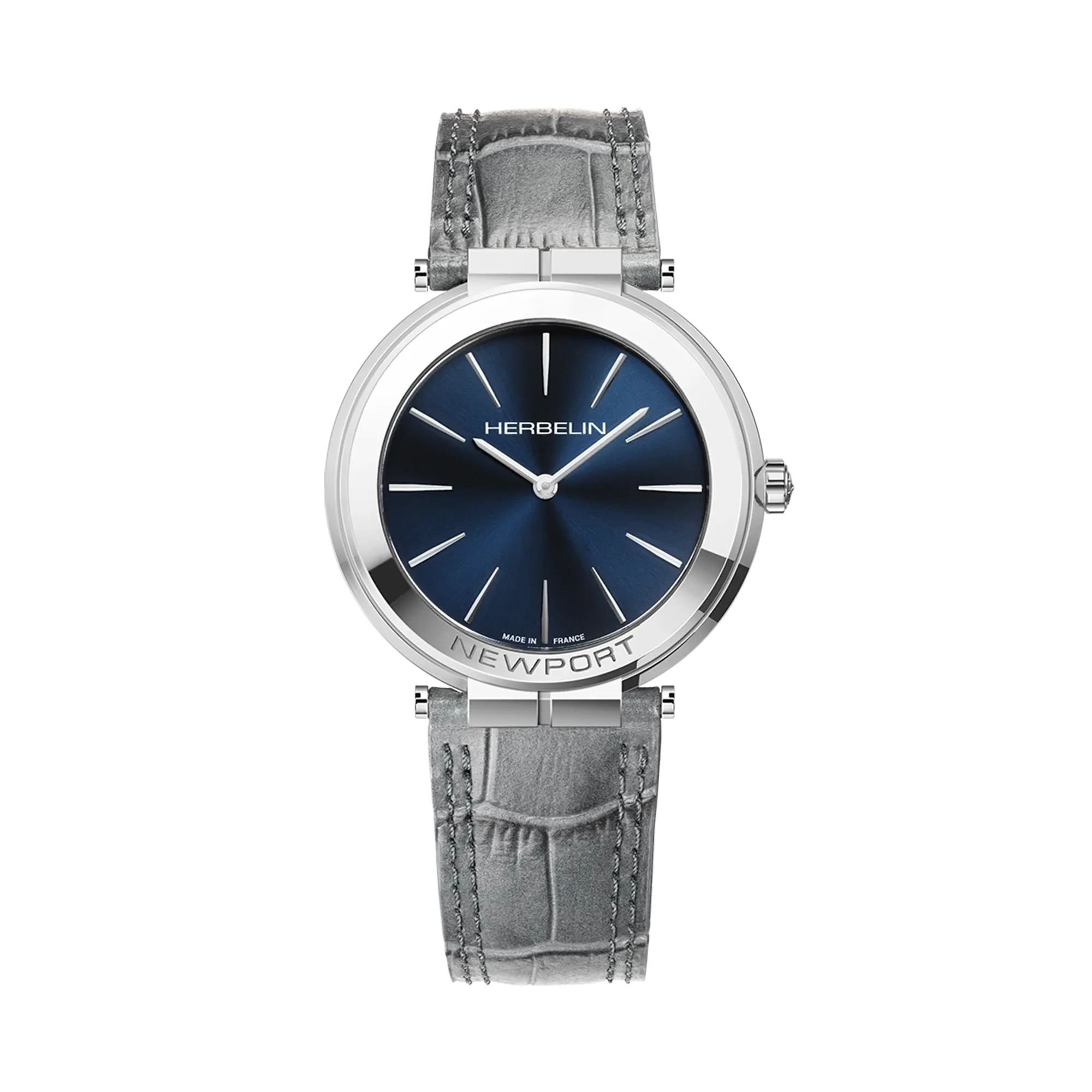Newport, cadran bleu, boîtier acier rond, bracelet cuir