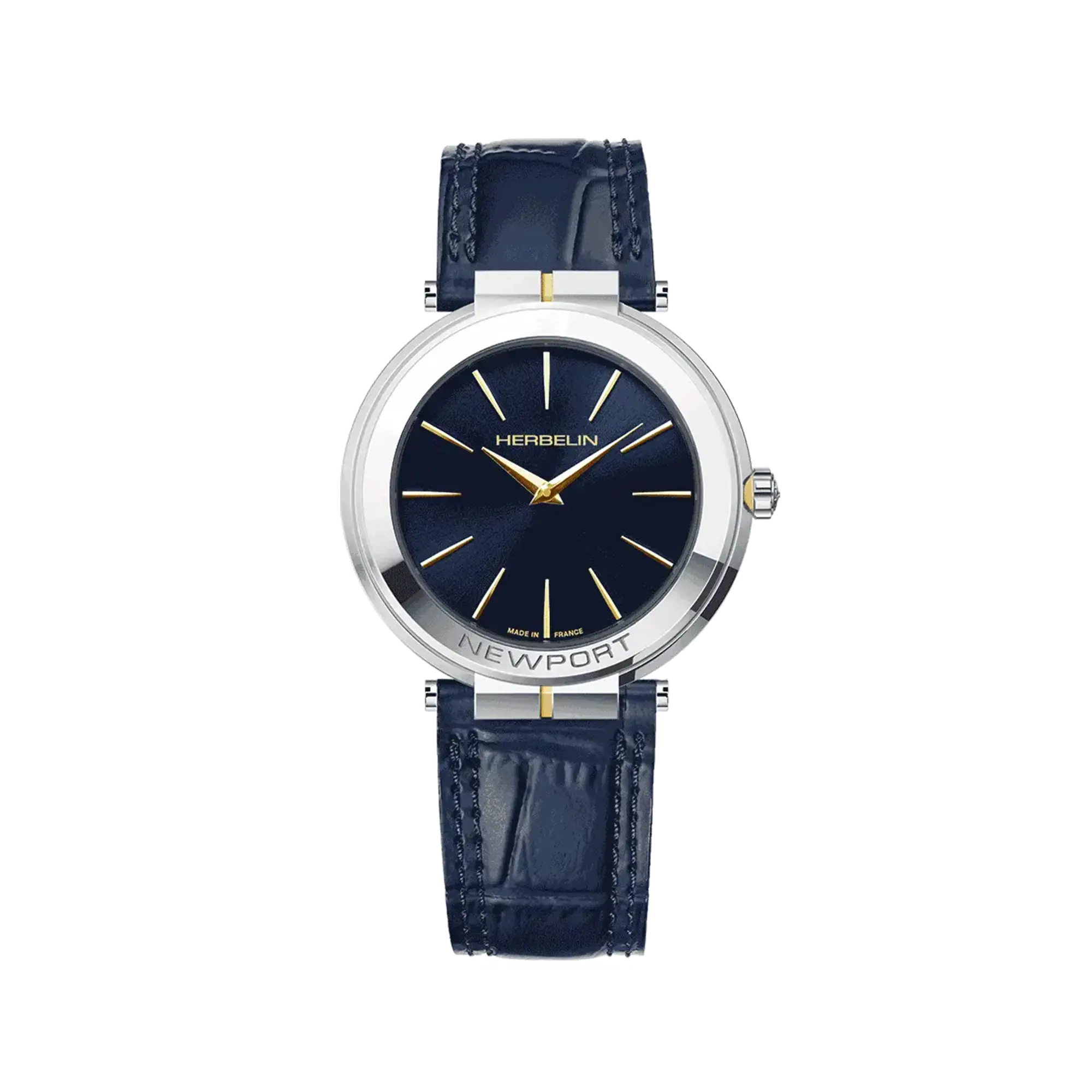 Newport, cadran bleu profond, boîtier acier PVD or jaune rond, bracelet cuir