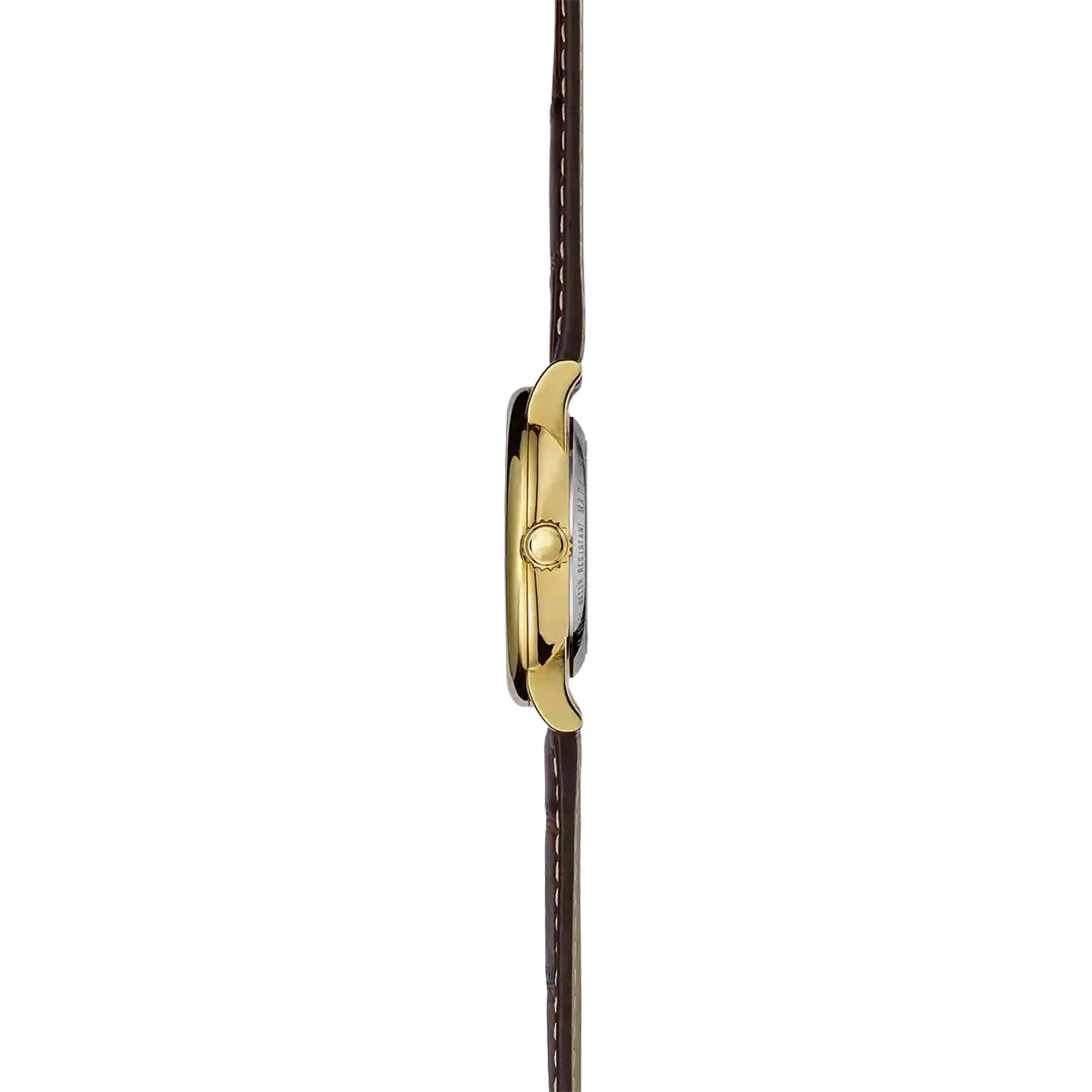 Vue de profil, tranche acier PVD or jaune, couronne et attaches du bracelet cuir