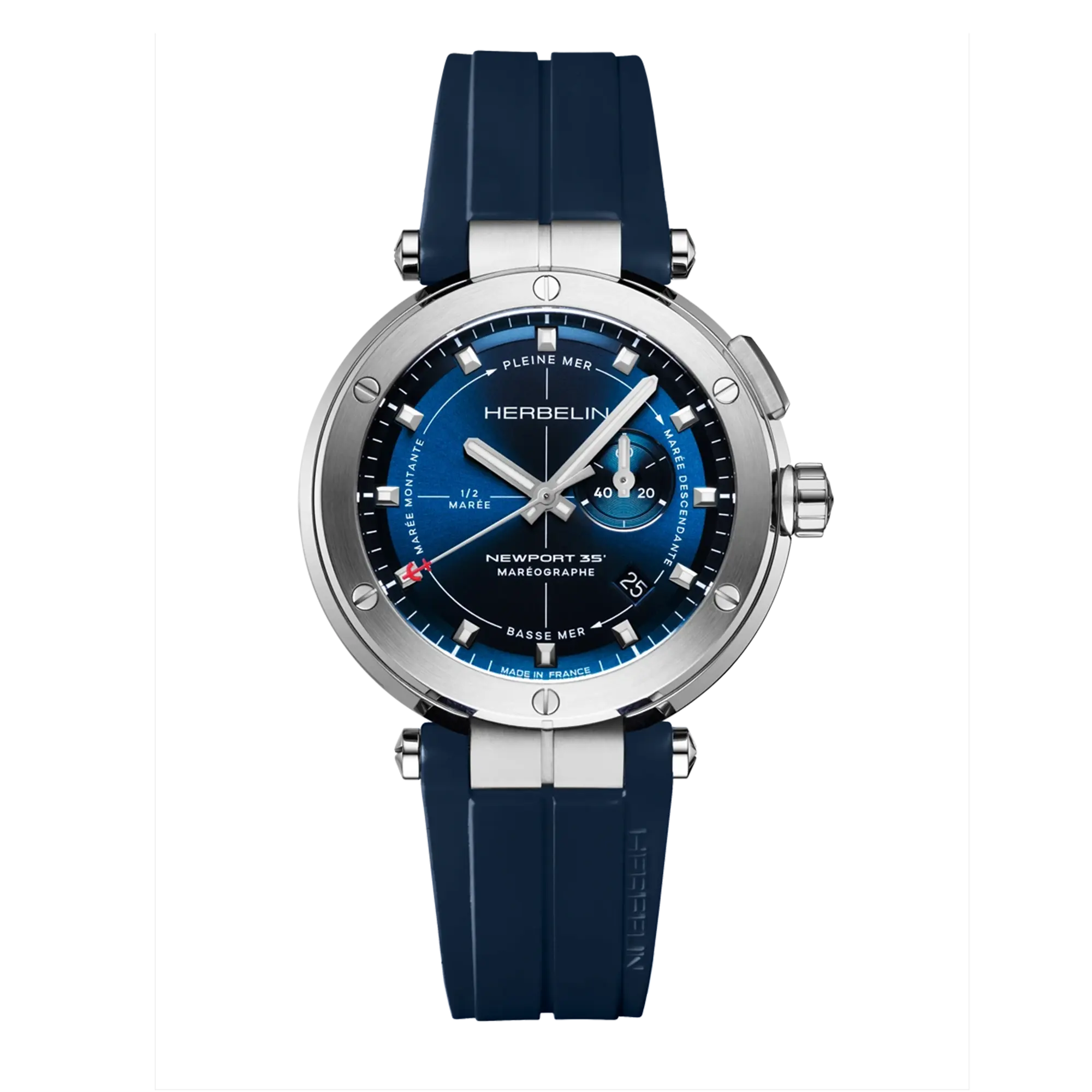 Newport maréographe, cadran bleu, boîtier acier rond, bracelet caoutchouc