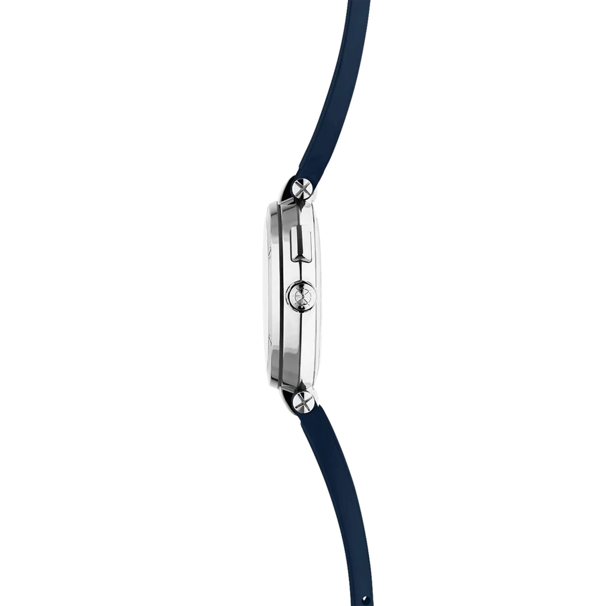 Vue de profil, tranche acier, couronne et attaches du bracelet caoutchouc