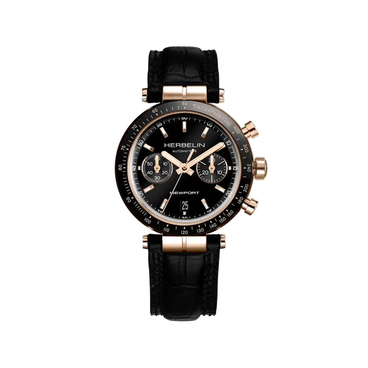 Newport Chronograph, black dial, round rose gold PVD steel case, leather strap