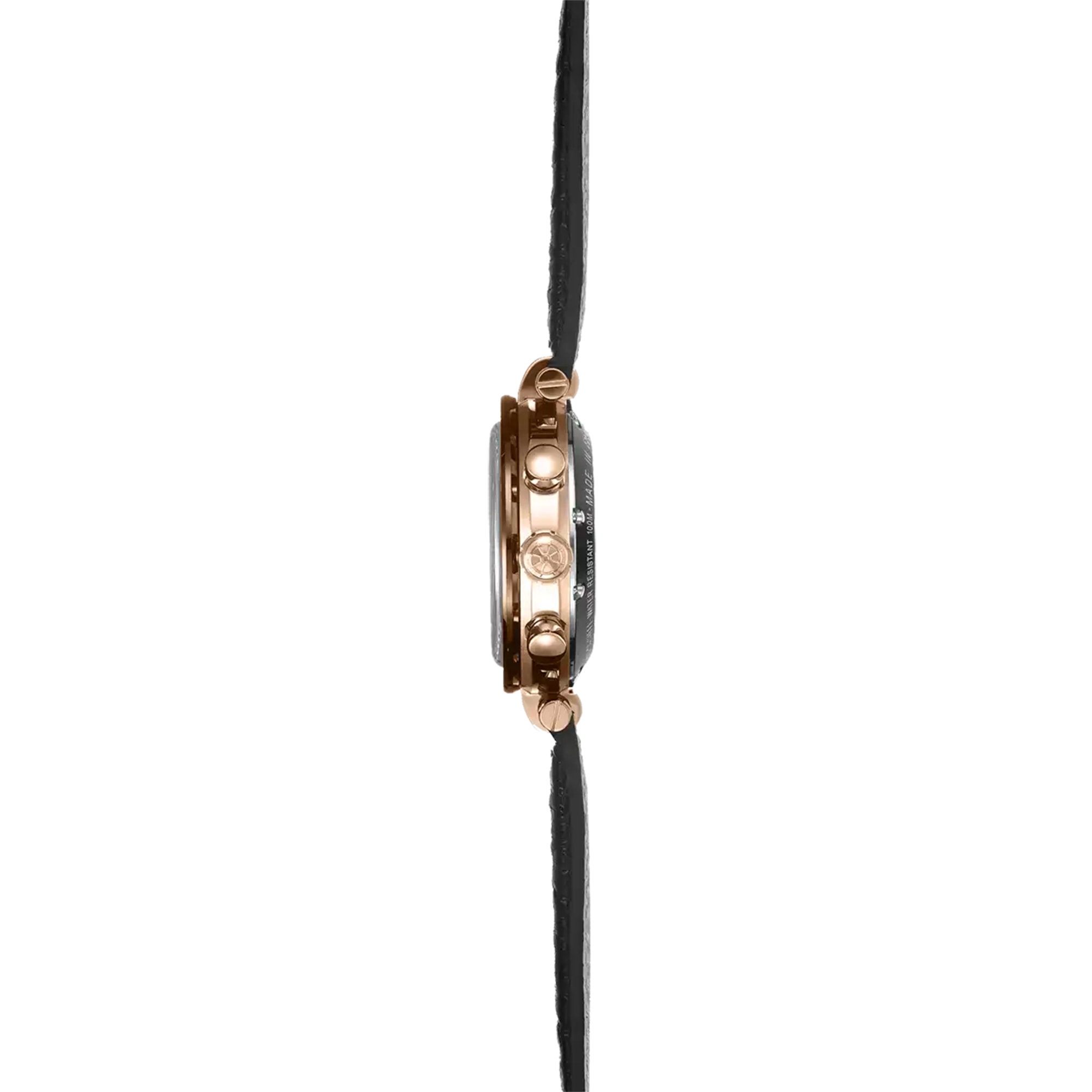 Vue de profil, tranche acier PVD or rose, couronne et attaches du bracelet cuir