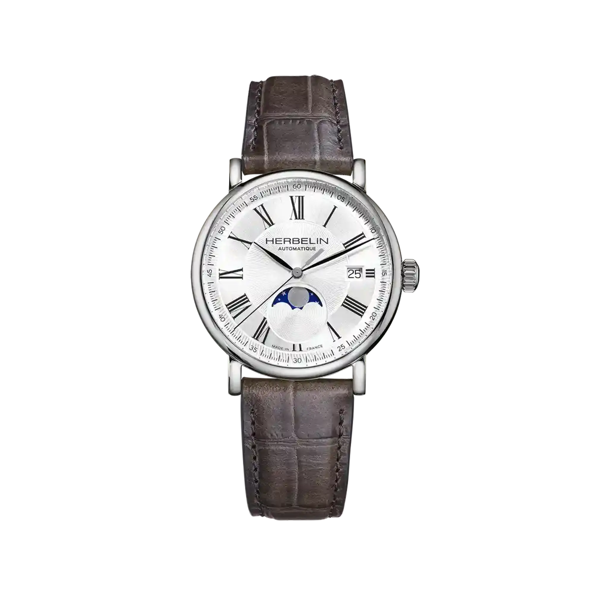 Inspiration phase de lune, cadran argent guilloché, boîtier acier rond, bracelet cuir