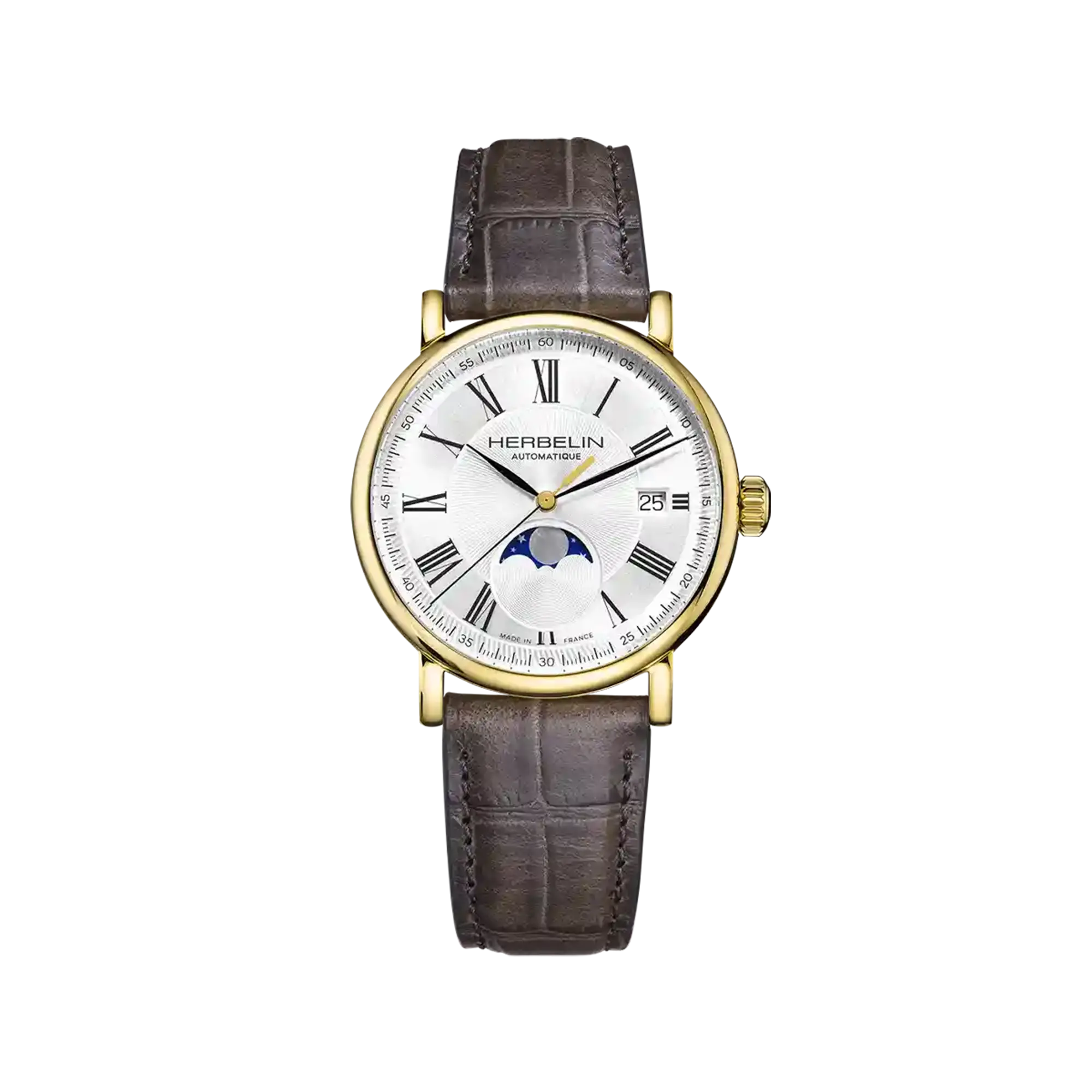 Inspiration phase de lune, cadran argent guilloché, boîtier acier PVD or jaune rond, bracelet cuir
