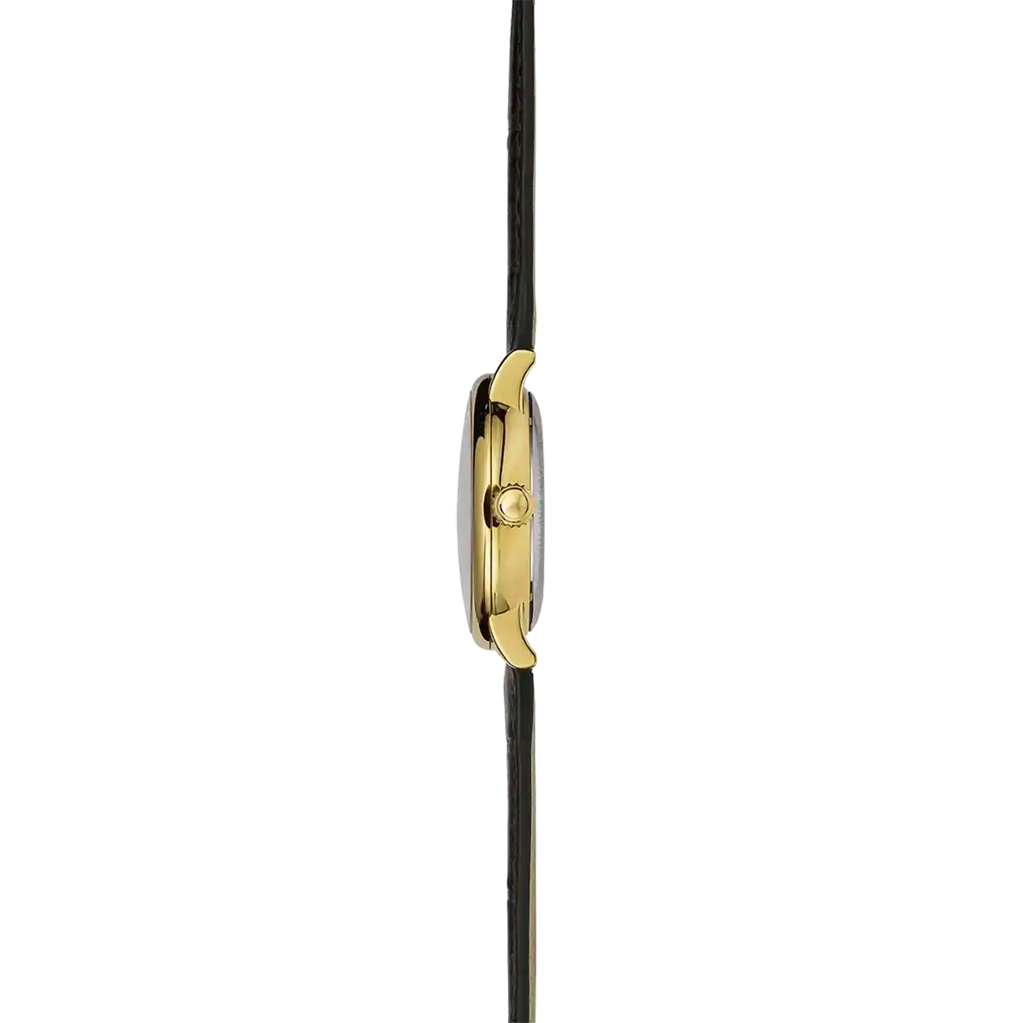Vue de profil, tranche acier PVD or jaune, couronne et attaches du bracelet cuir