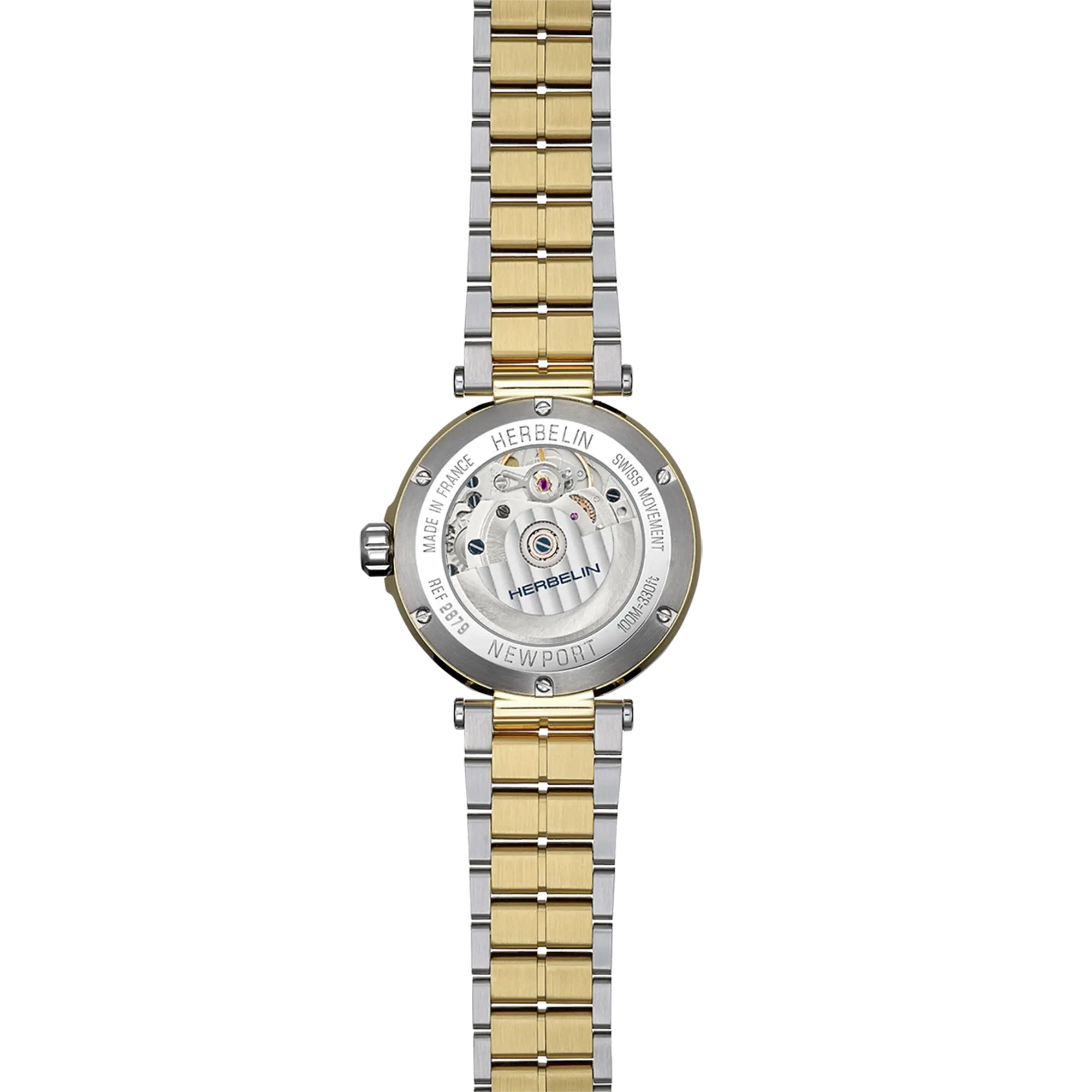 Dos de la Newport phase de lune, fond acier PVD or jaune avec mécanisme automatique apparent