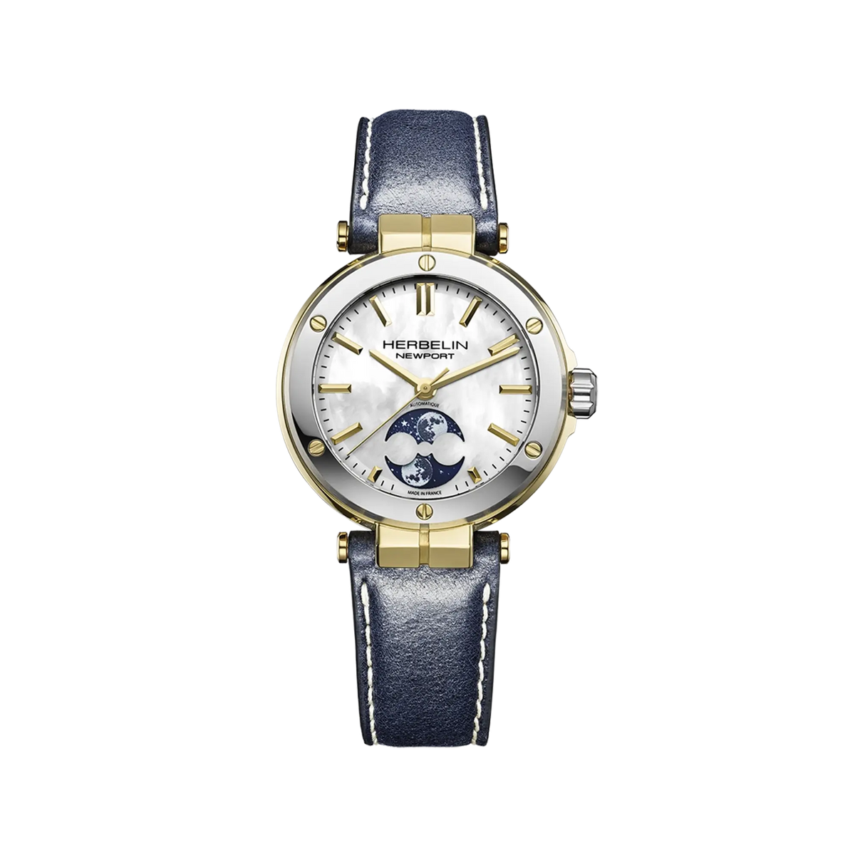 Newport Mondphase, Zifferblatt aus weissem Perlmutt, rundes Gelbgold PVD-beschichtetes Stahlgehäuse, Lederarmband
