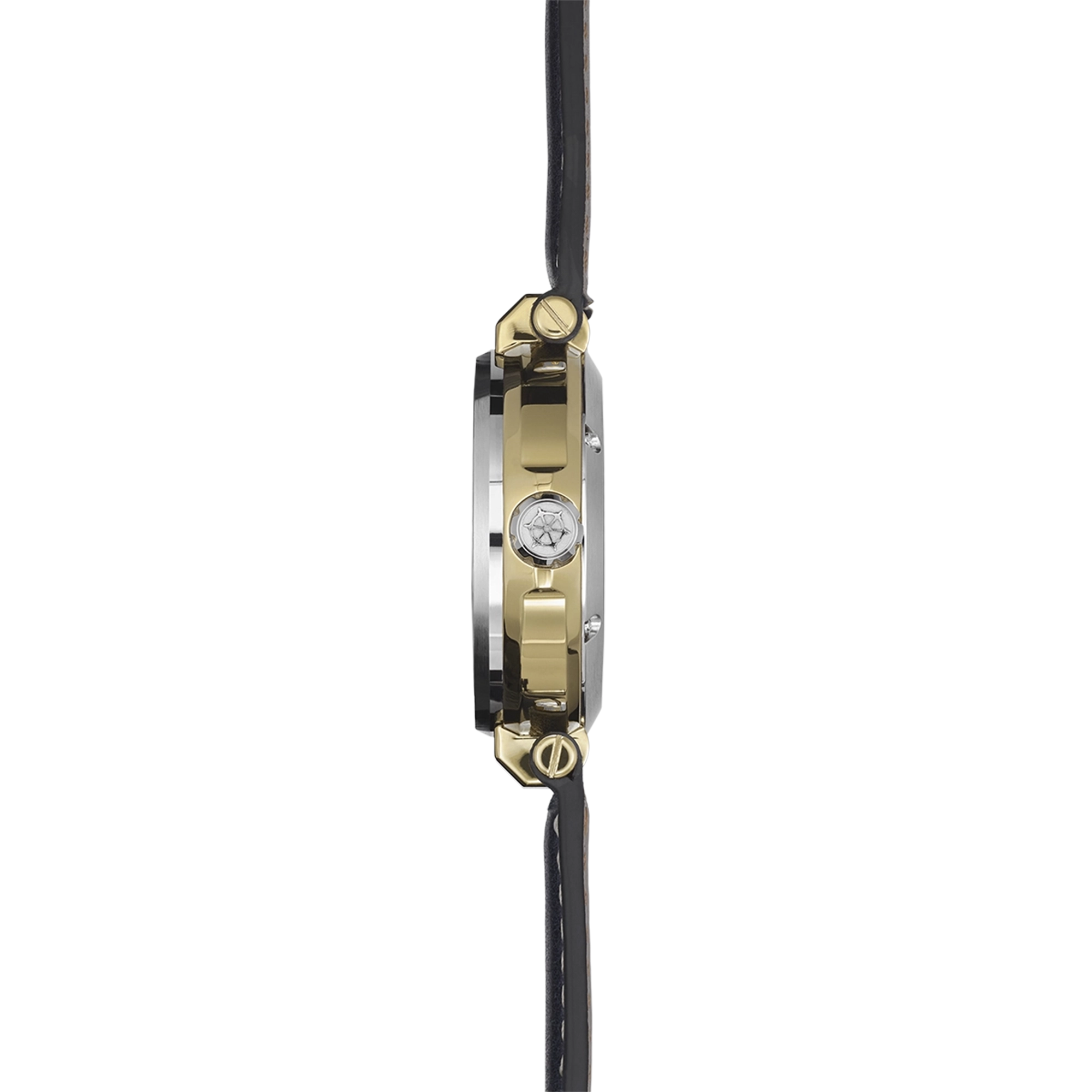 Vue de profil, tranche acier PVD or jaune, couronne et attaches du bracelet cuir
