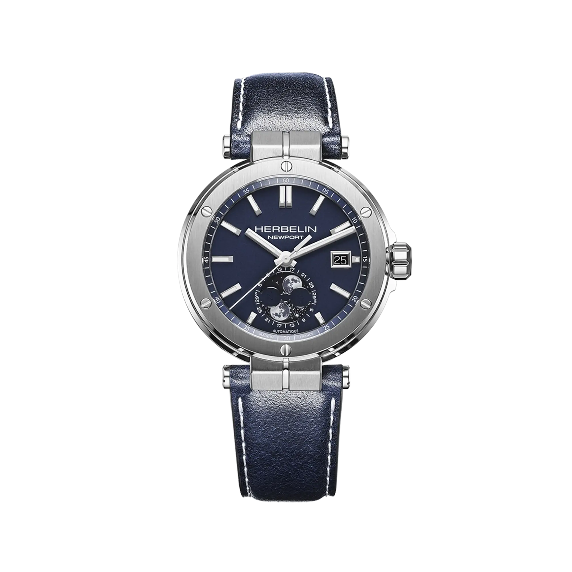 Newport phase de lune, cadran laqué bleu, boîtier acier rond, bracelet cuir