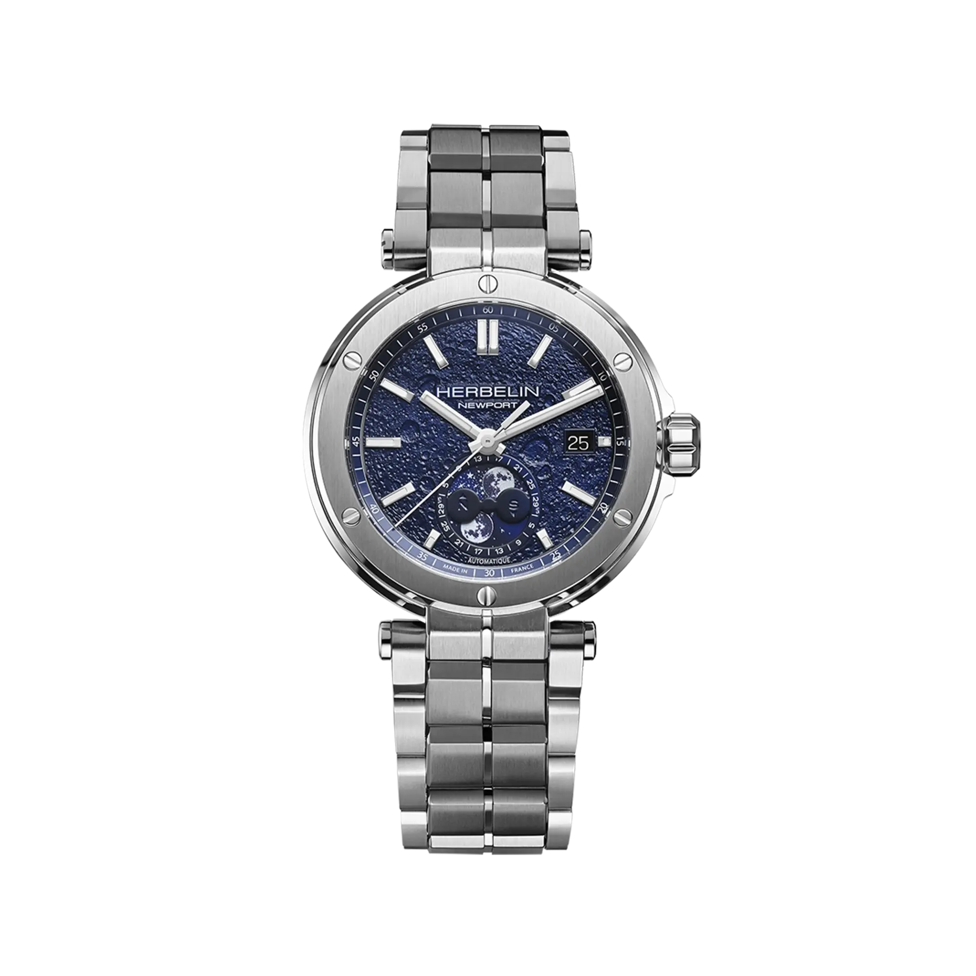 Newport phase de lune, cadran décor lunaire, boîtier acier rond, bracelet acier