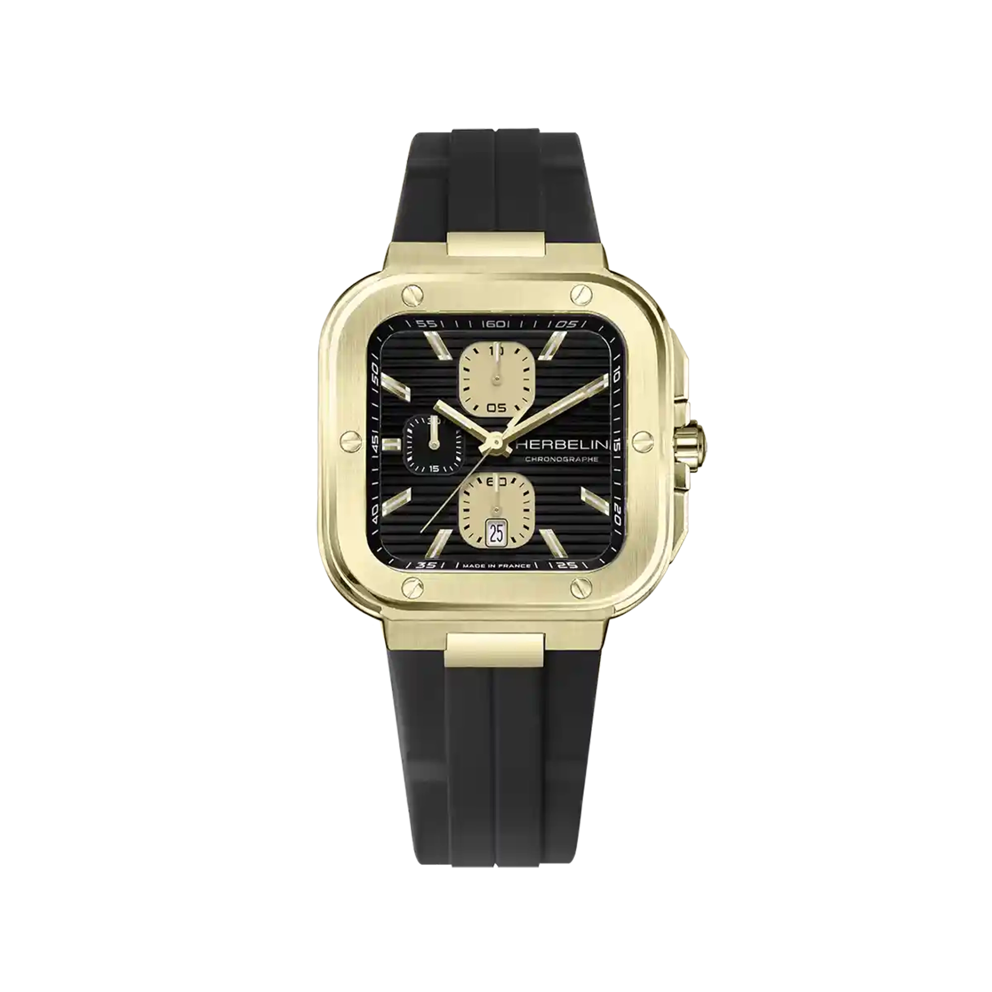 Cap Camarat, cadran noir, boîtier carré acier PVD or jaune, bracelet caoutchouc