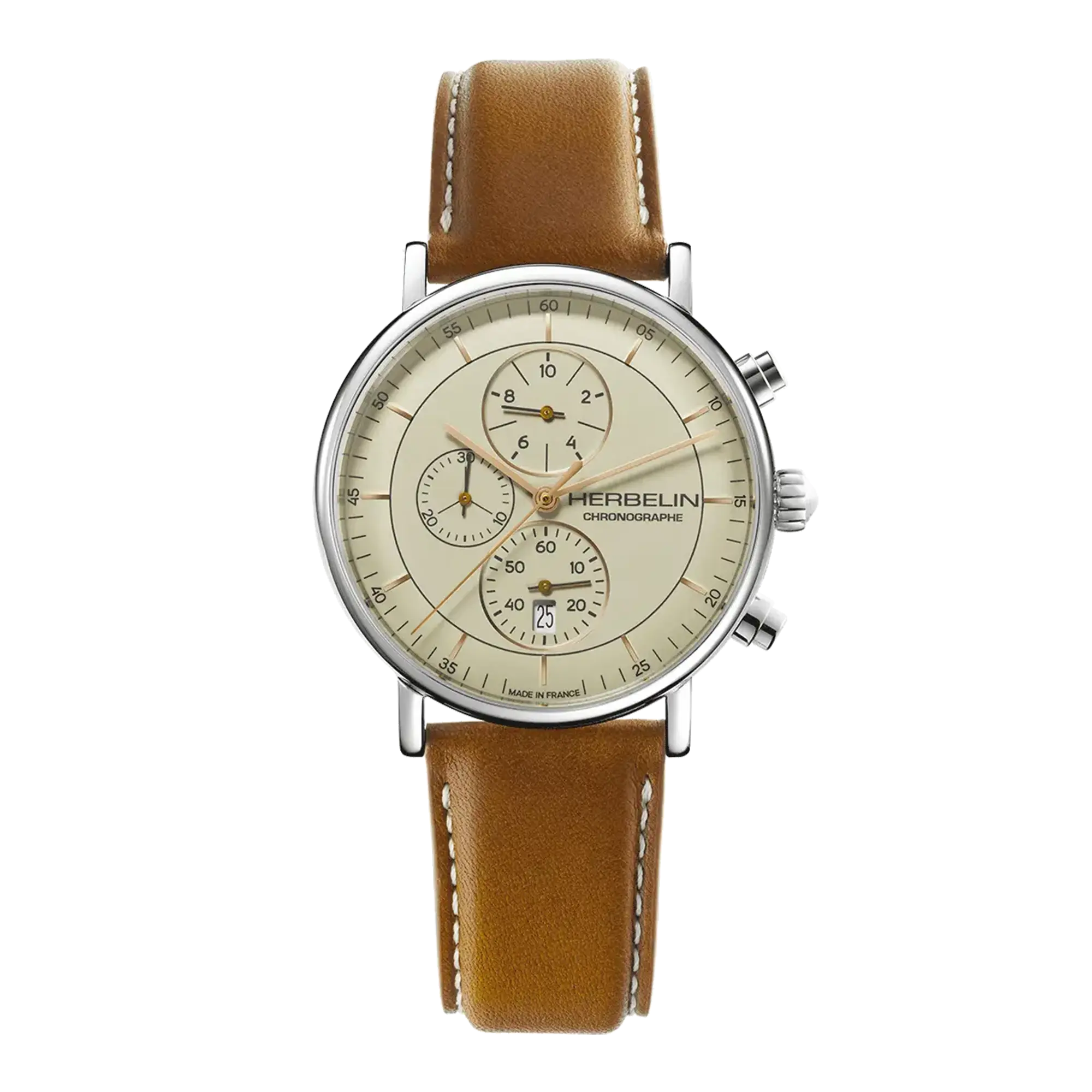 Inspiration chronographe, cadran coquille d'œuf, boîtier acier rond, bracelet cuir