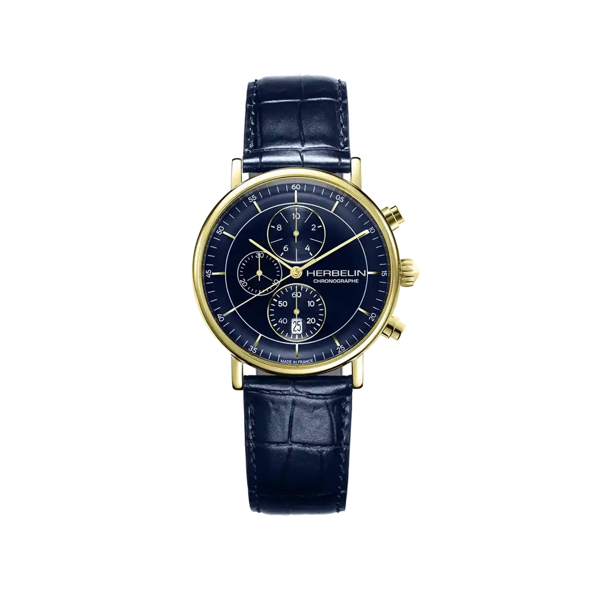 Inspiration chronographe, cadran bleu, boîtier acier PVD or jaune rond, bracelet cuir