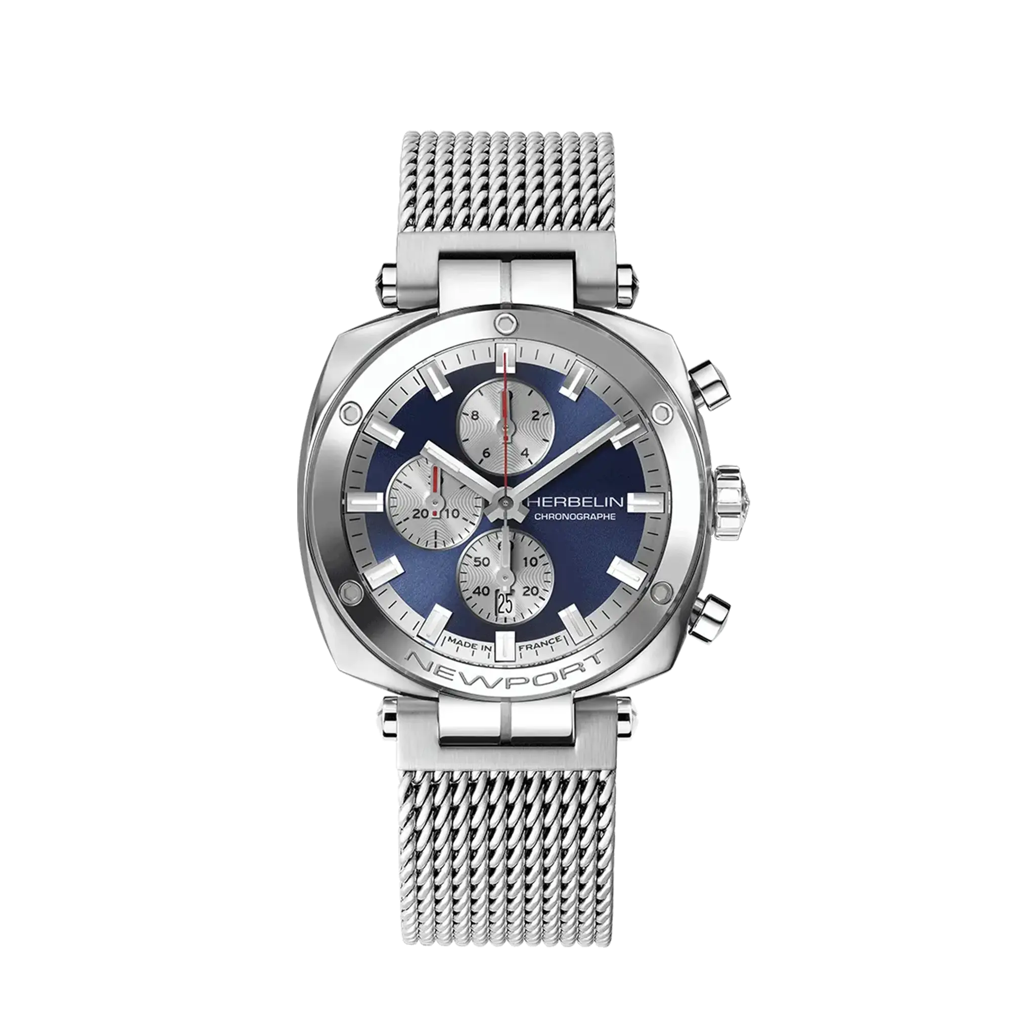 Newport chronographe, cadran bleu, boîtier carré acier, bracelet acier