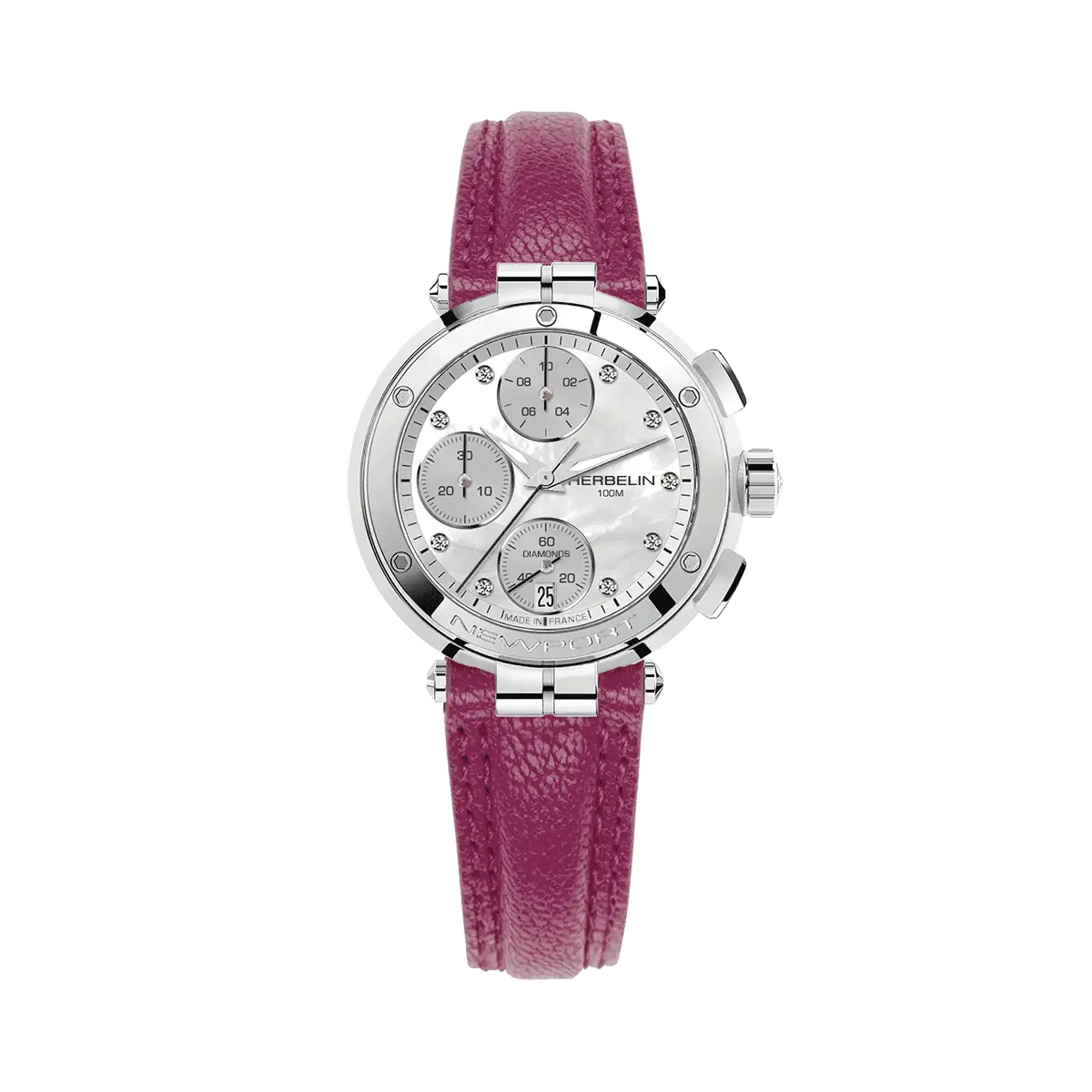 Newport chronographe, cadran nacre blanche, boîtier acier rond, bracelet cuir
