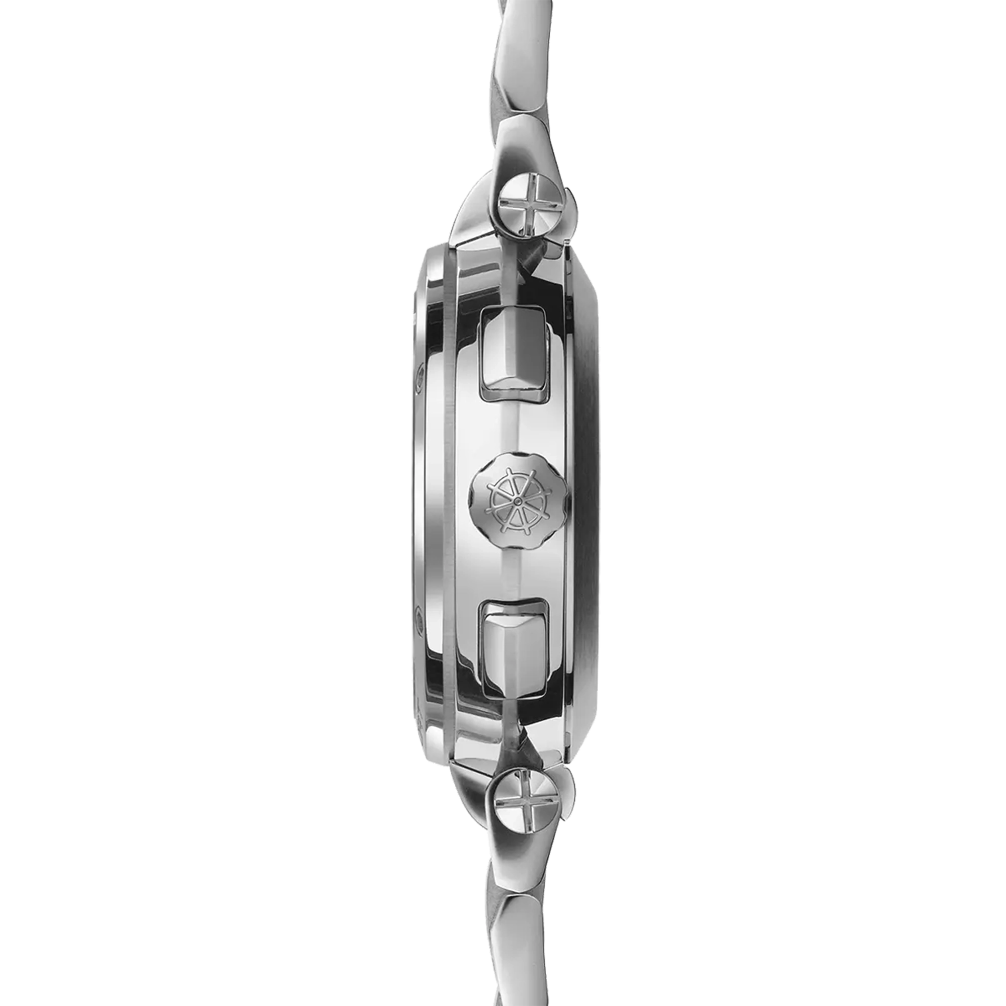 Vue de profil, tranche acier, couronne et attaches du bracelet acier