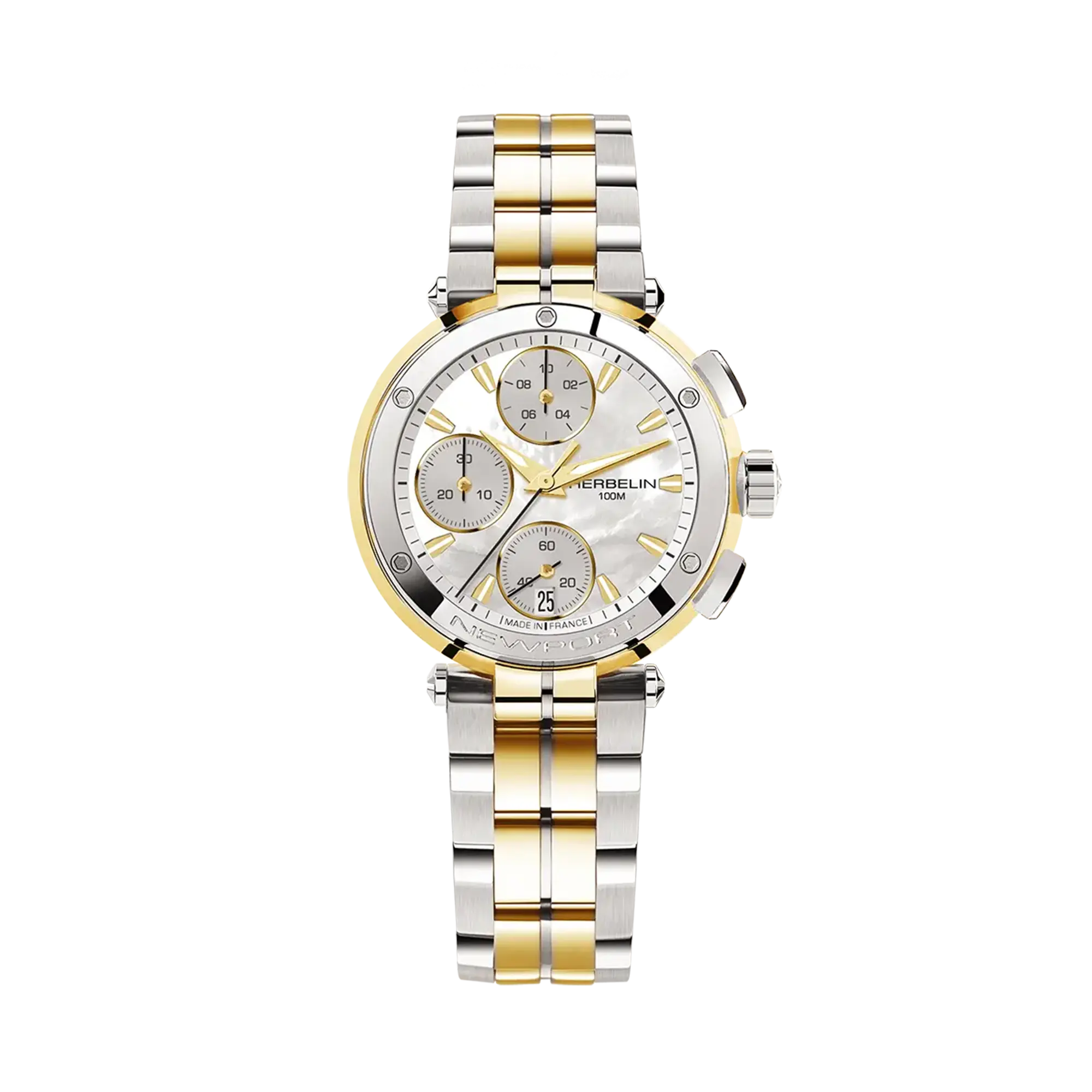 Newport chronographe, cadran nacre blanche, boîtier acier PVD or jaune rond, bracelet acier bicolore