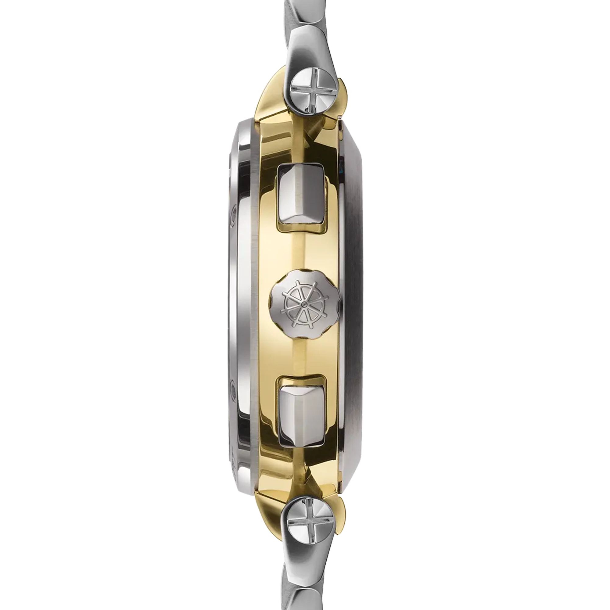Vue de profil, tranche acier PVD or jaune, couronne et attaches du bracelet acier bicolore