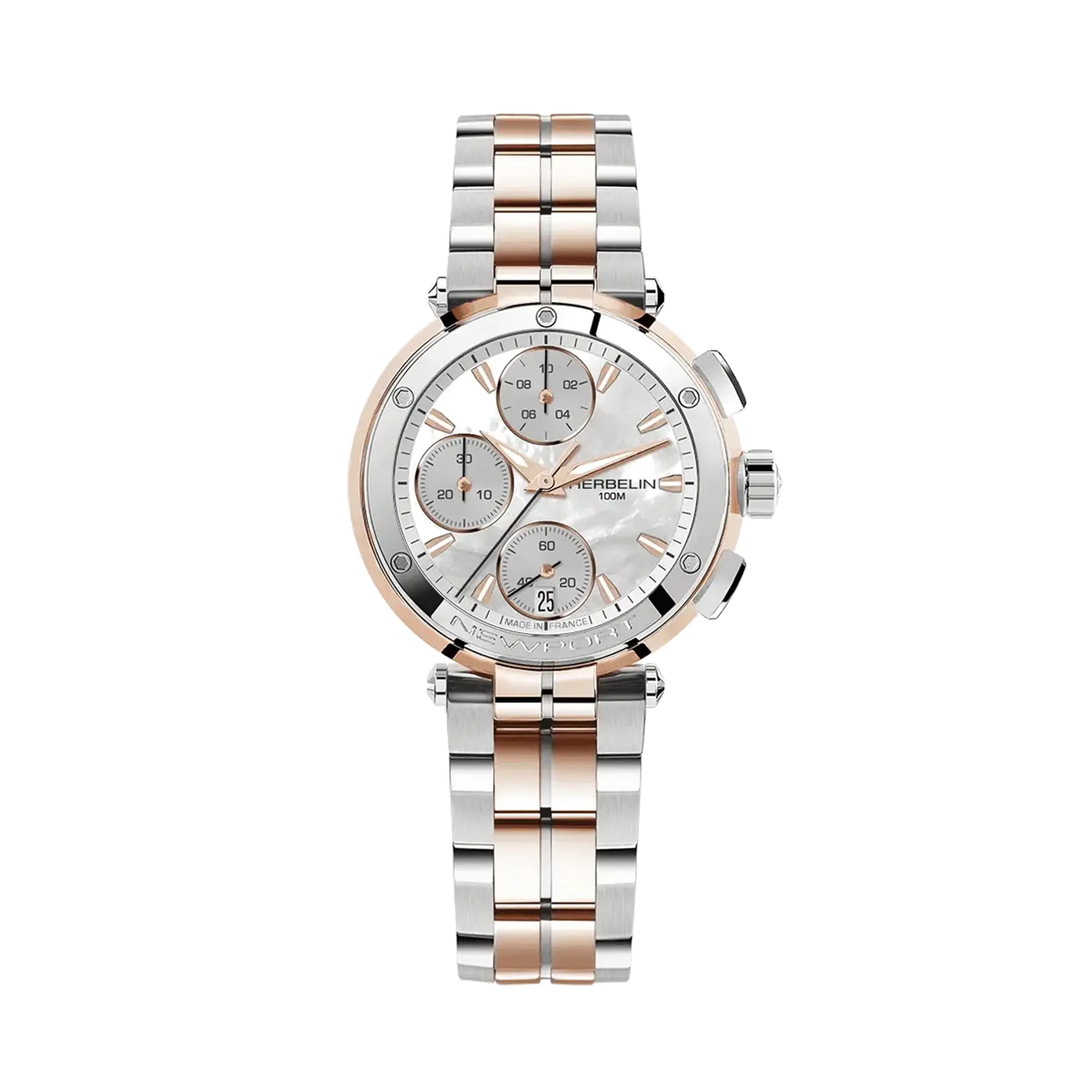Newport chronographe, cadran nacre blanche, boîtier acier PVD or rose rond, bracelet acier PVD or rose