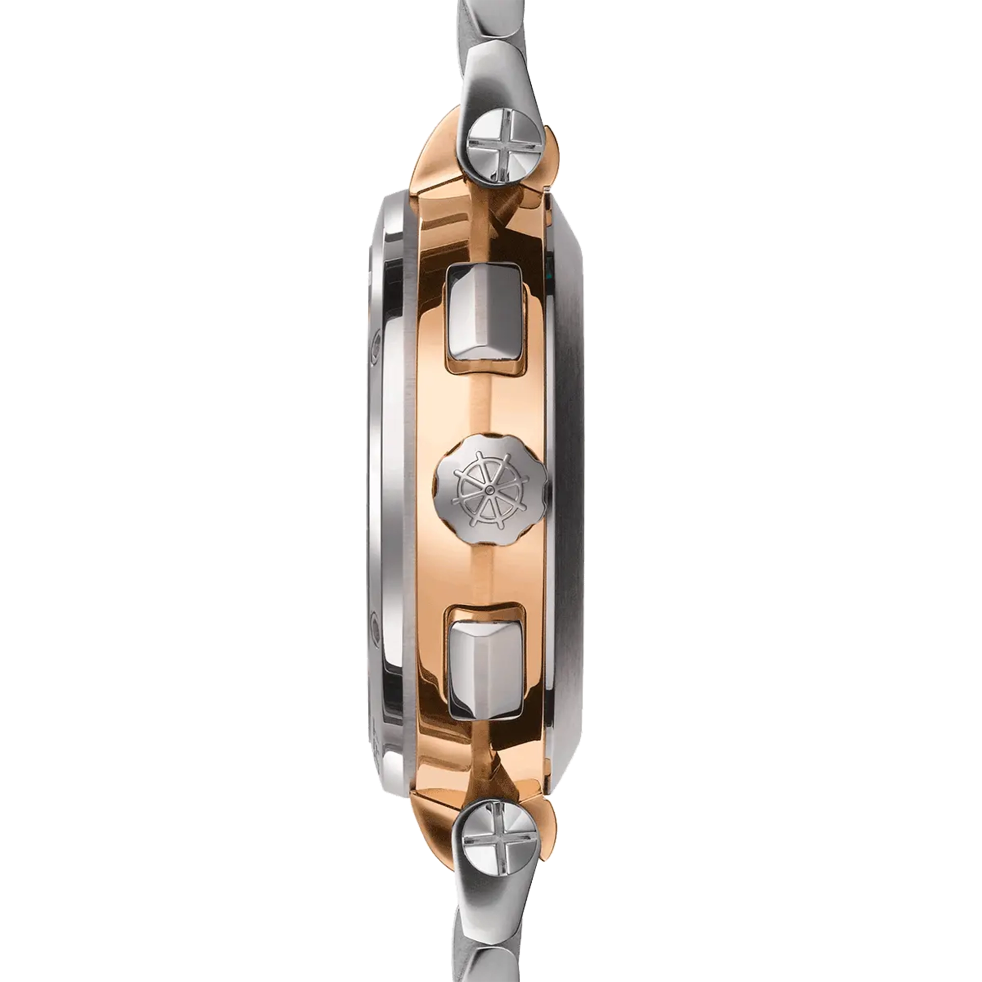 Vue de profil, tranche acier PVD or rose, couronne et attaches du bracelet acier PVD or rose