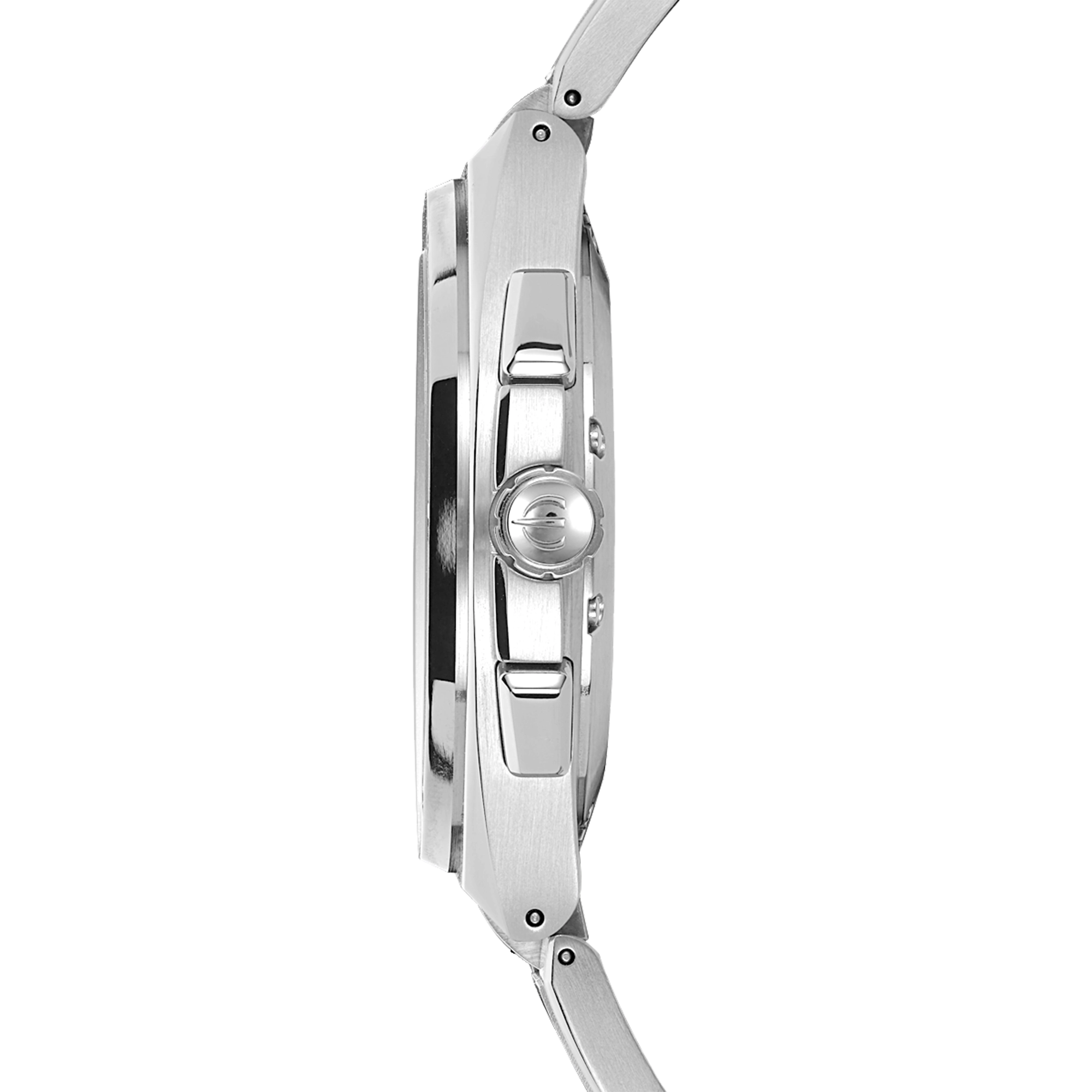 Vue de profil, tranche acier, couronne et attaches du bracelet acier