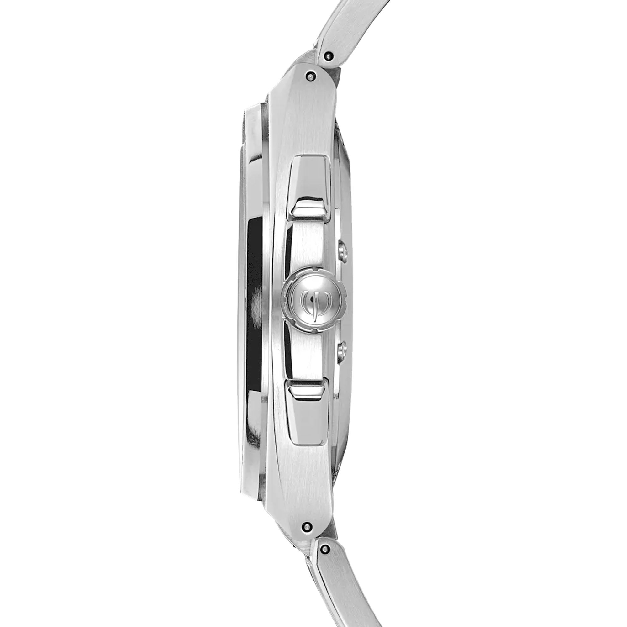 Vue de profil, tranche acier, couronne et attaches du bracelet acier