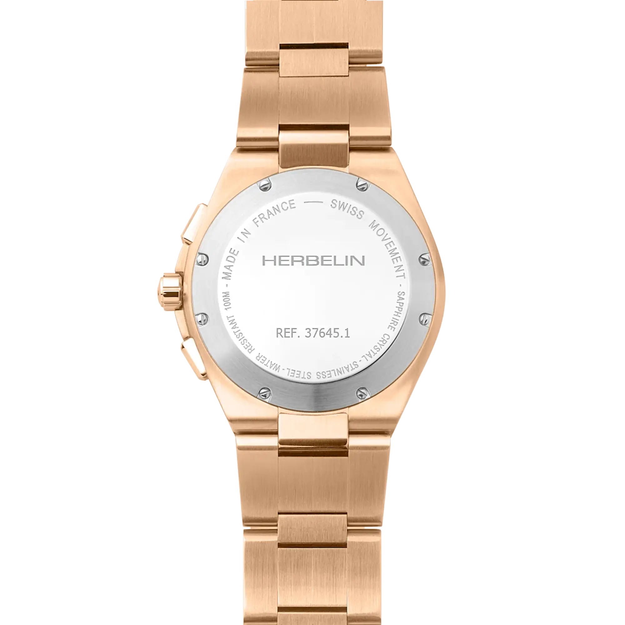 Dos de la Cap Camarat chronographe, fond acier PVD or rose avec gravure du modèle