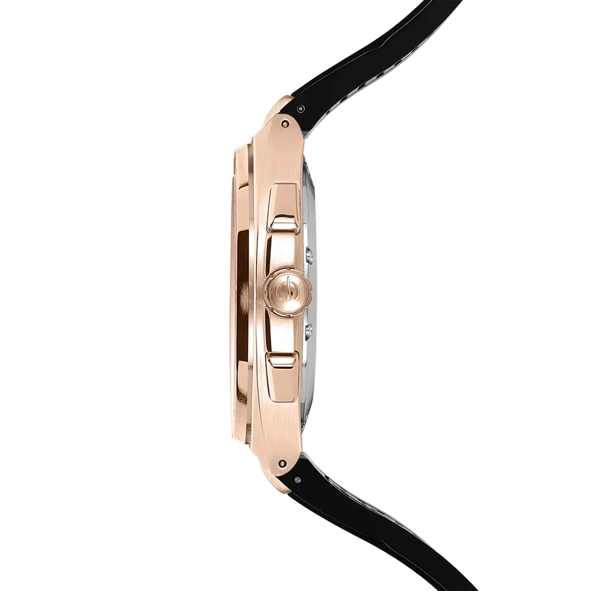 Vue de profil, tranche acier PVD or rose, couronne et attaches du bracelet caoutchouc
