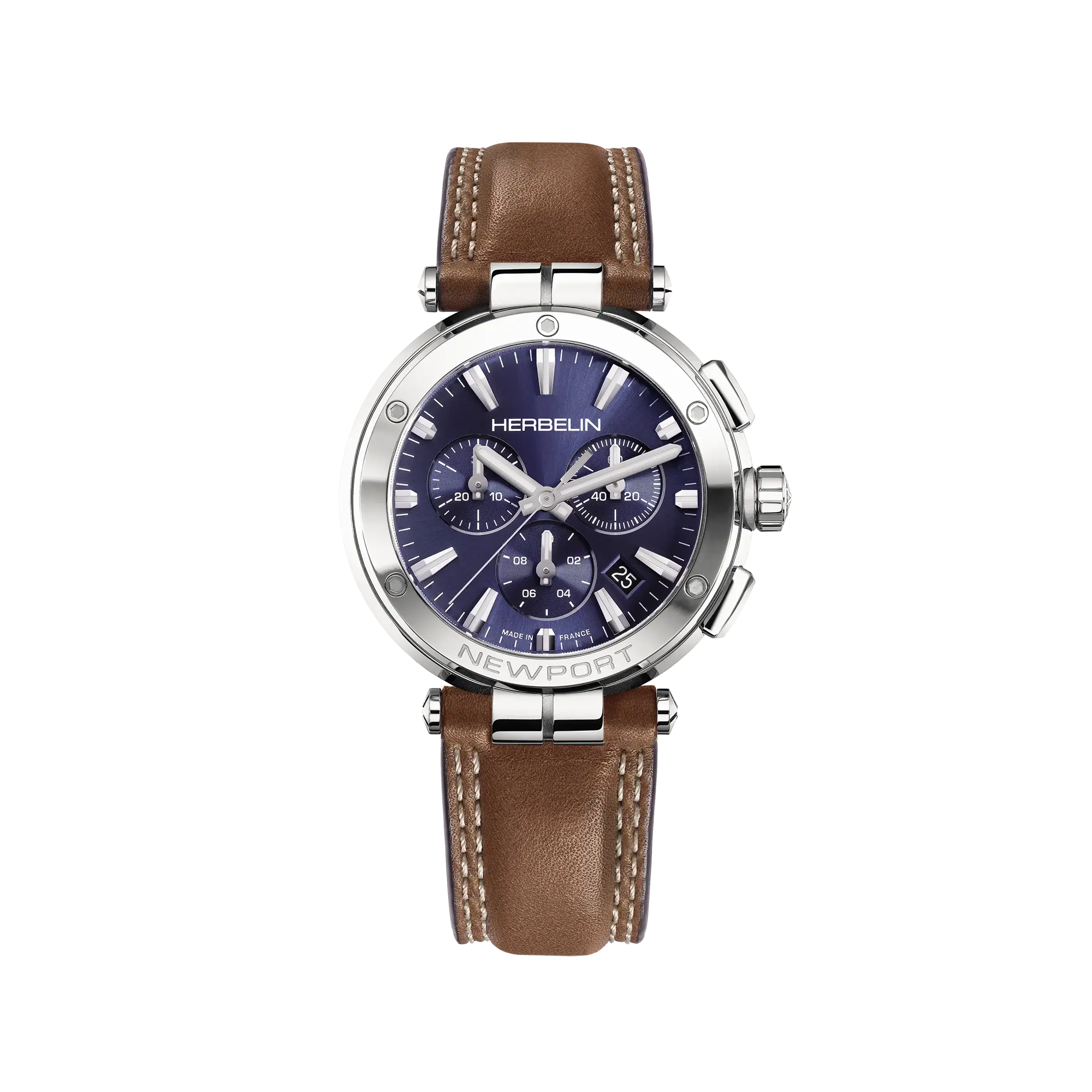 Newport chronographe, cadran bleu, boîtier acier rond, bracelet cuir