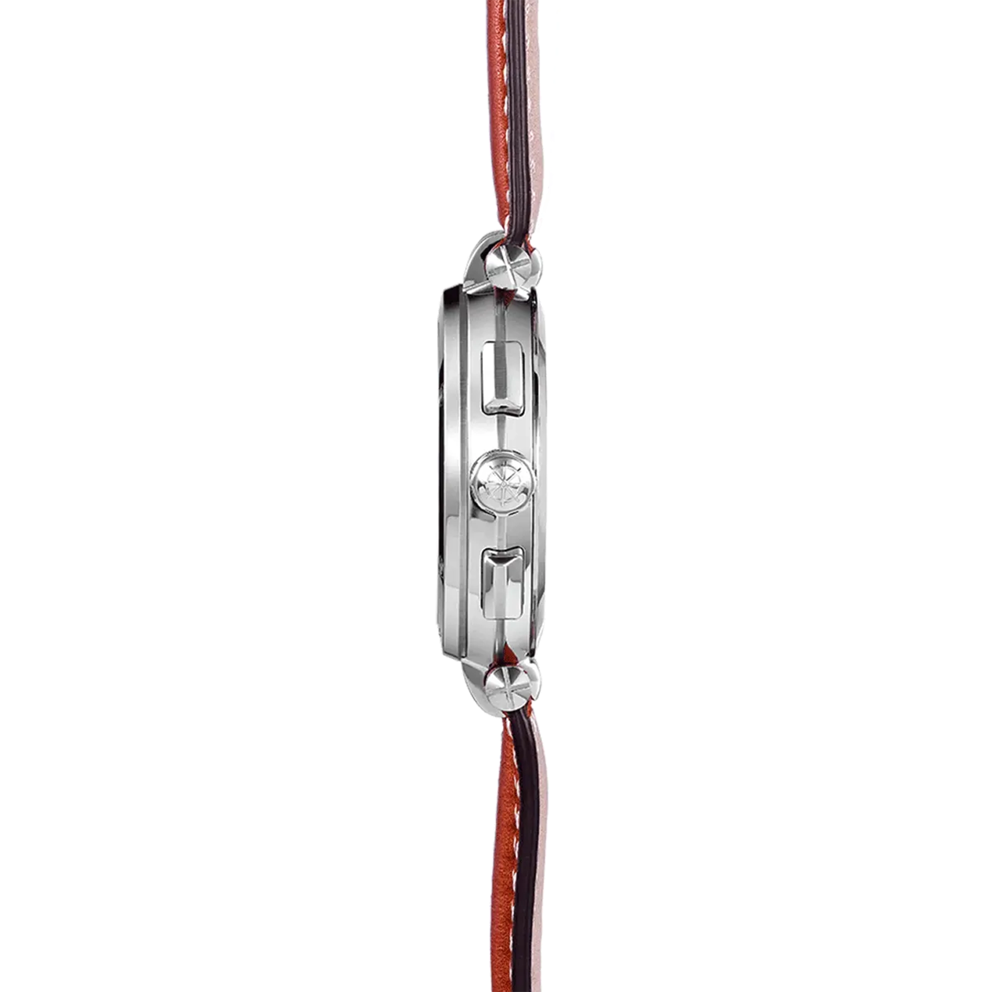 Vue de profil, tranche acier, couronne et attaches du bracelet cuir