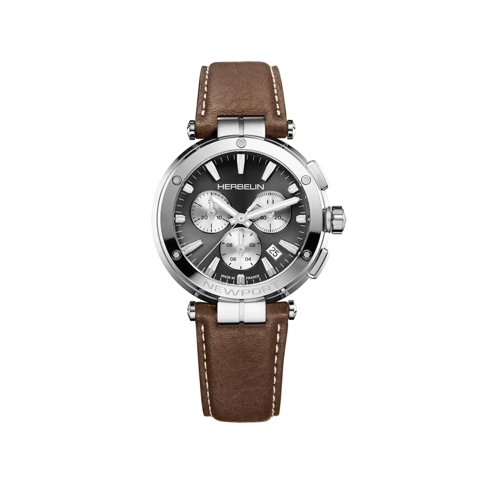 Newport chronographe, cadran anthracite, boîtier acier rond, bracelet cuir