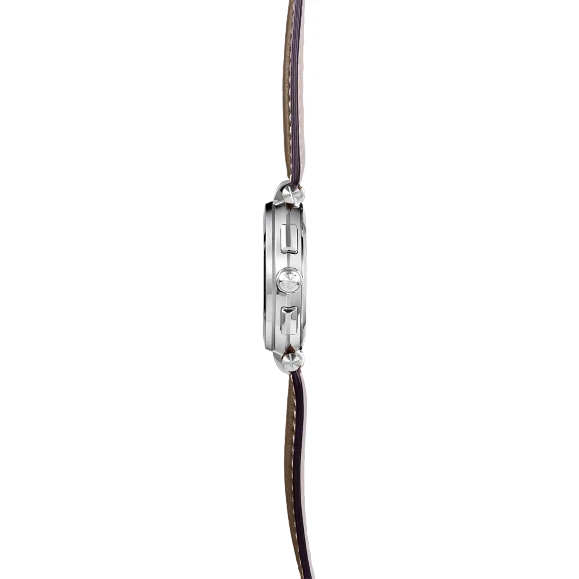 Vue de profil, tranche acier, couronne et attaches du bracelet cuir