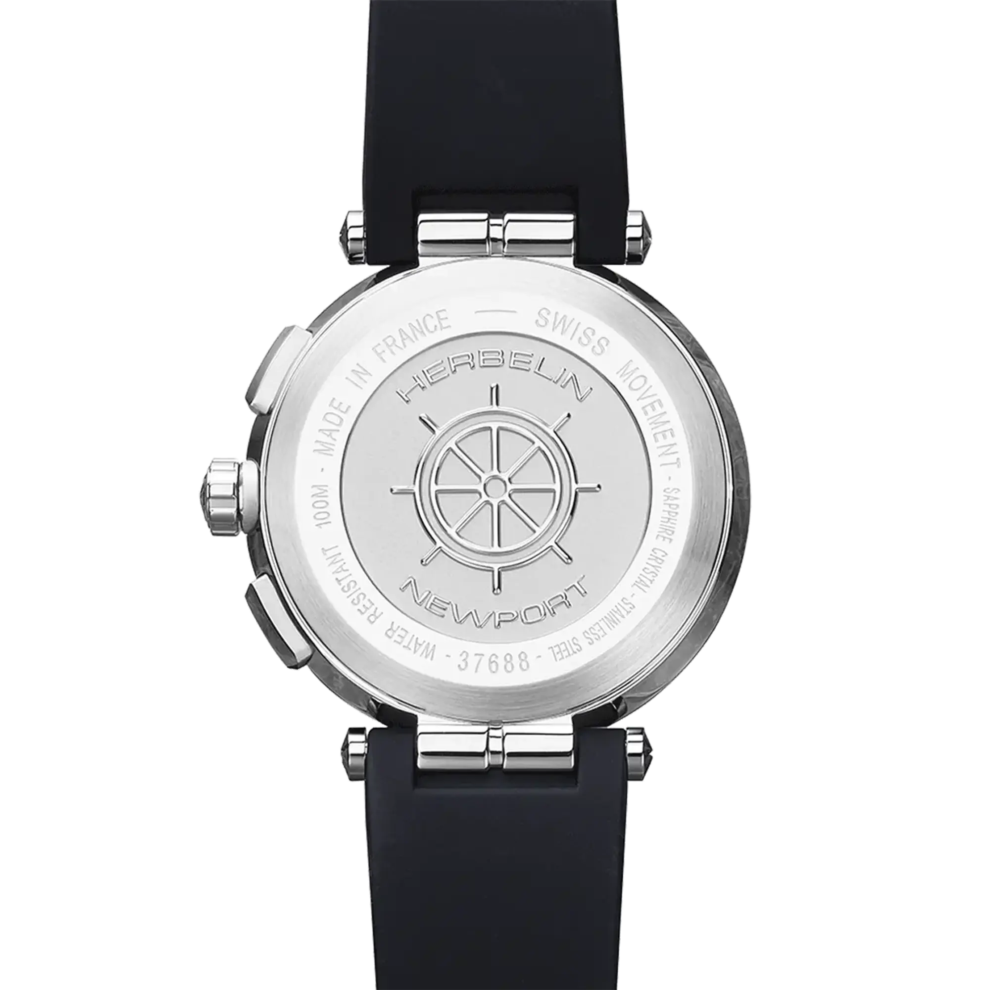 Dos de la Newport chronographe, fond acier avec gravure du modèle