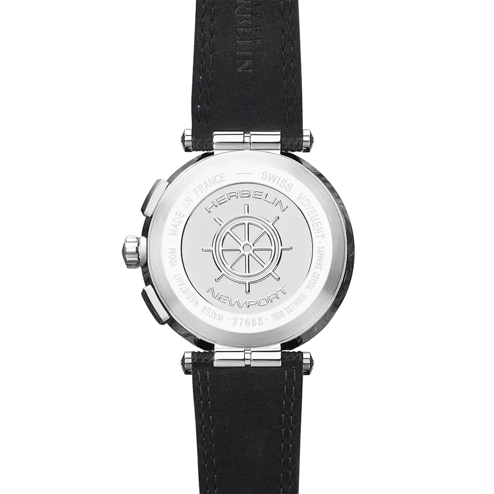 Dos de la Newport chronographe, fond acier avec gravure du modèle