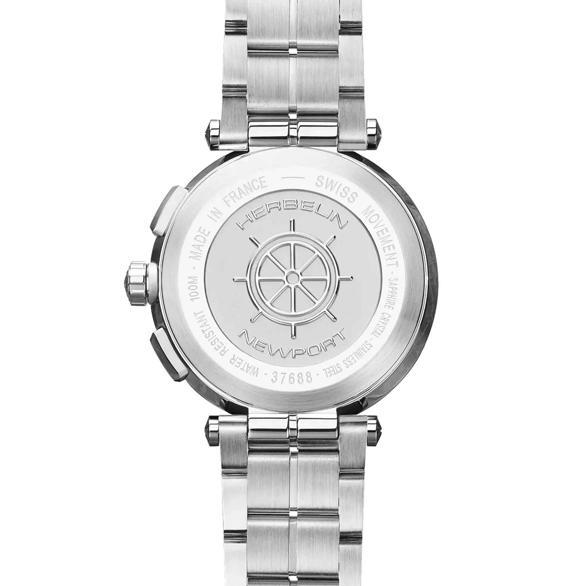 Dos de la Newport chronographe, fond acier avec gravure du modèle