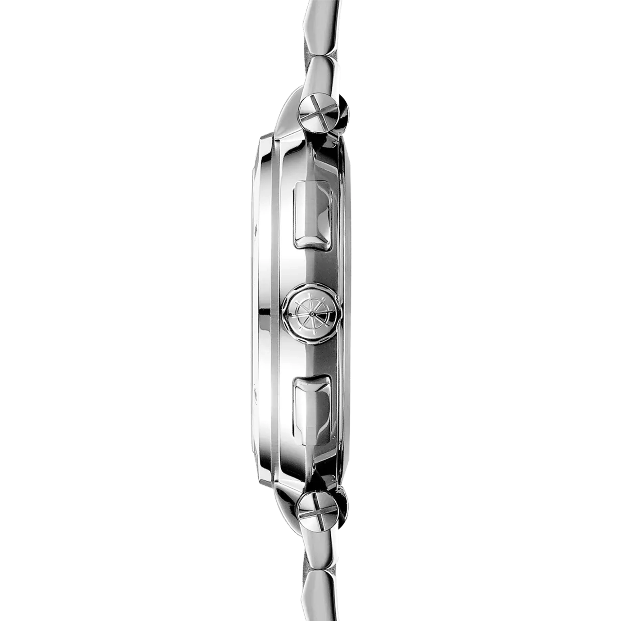 Vue de profil, tranche acier, couronne et attaches du bracelet acier