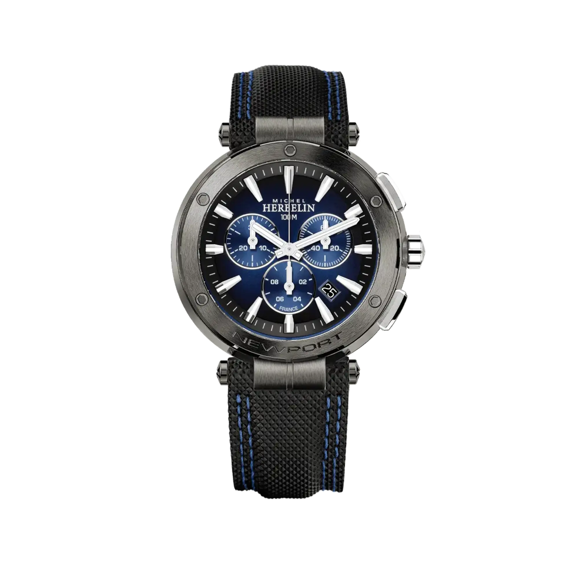 Newport chronographe, cadran bleu dégradé, boîtier acier rond, bracelet cuir