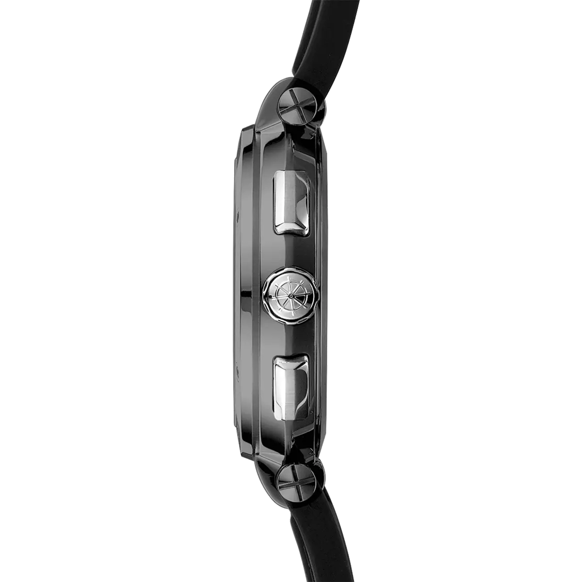 Vue de profil, tranche acier, couronne et attaches du bracelet caoutchouc