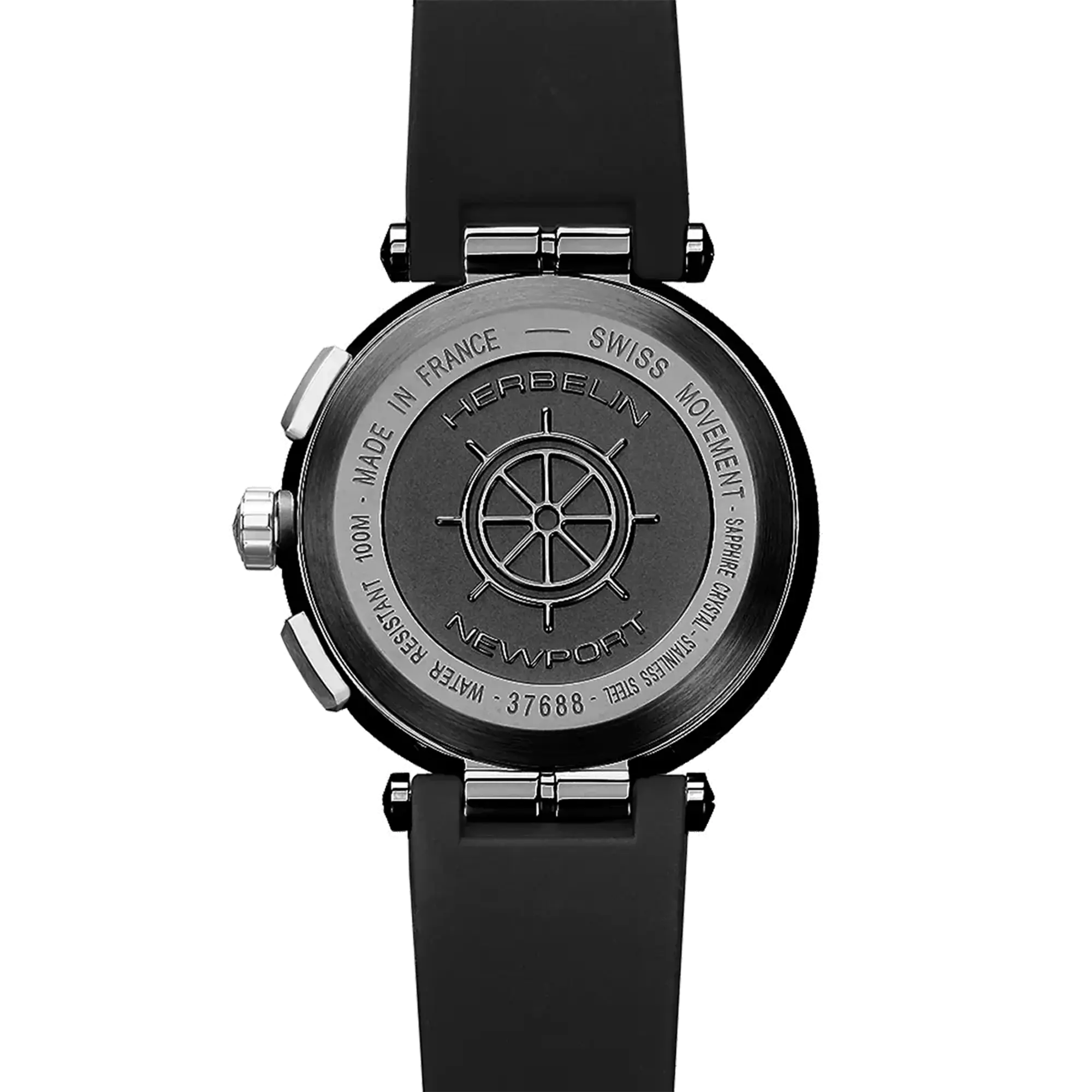 Dos de la Newport chronographe, fond acier avec gravure du modèle