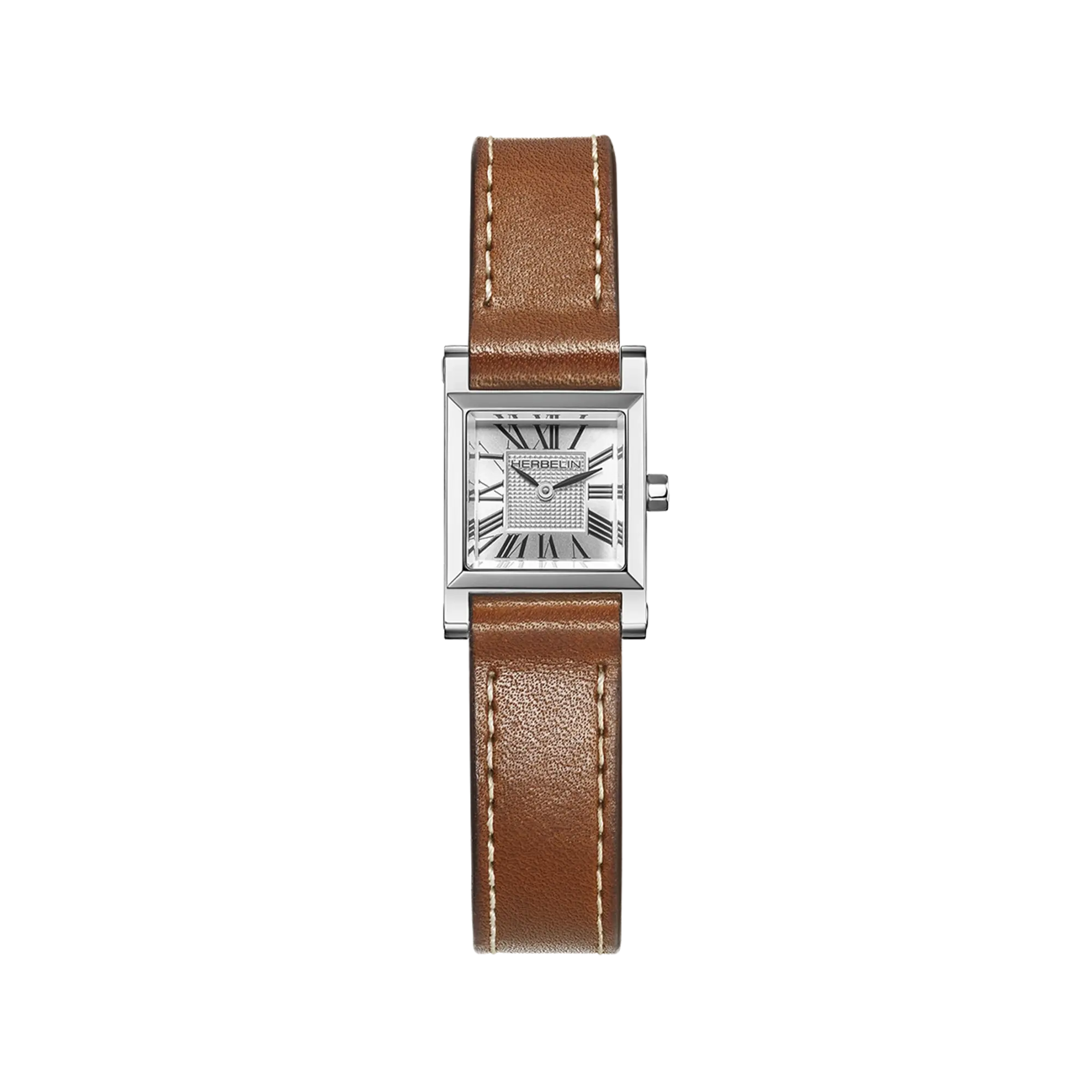 Antarès, cadran argent guilloché, boîtier carré acier, bracelet cuir