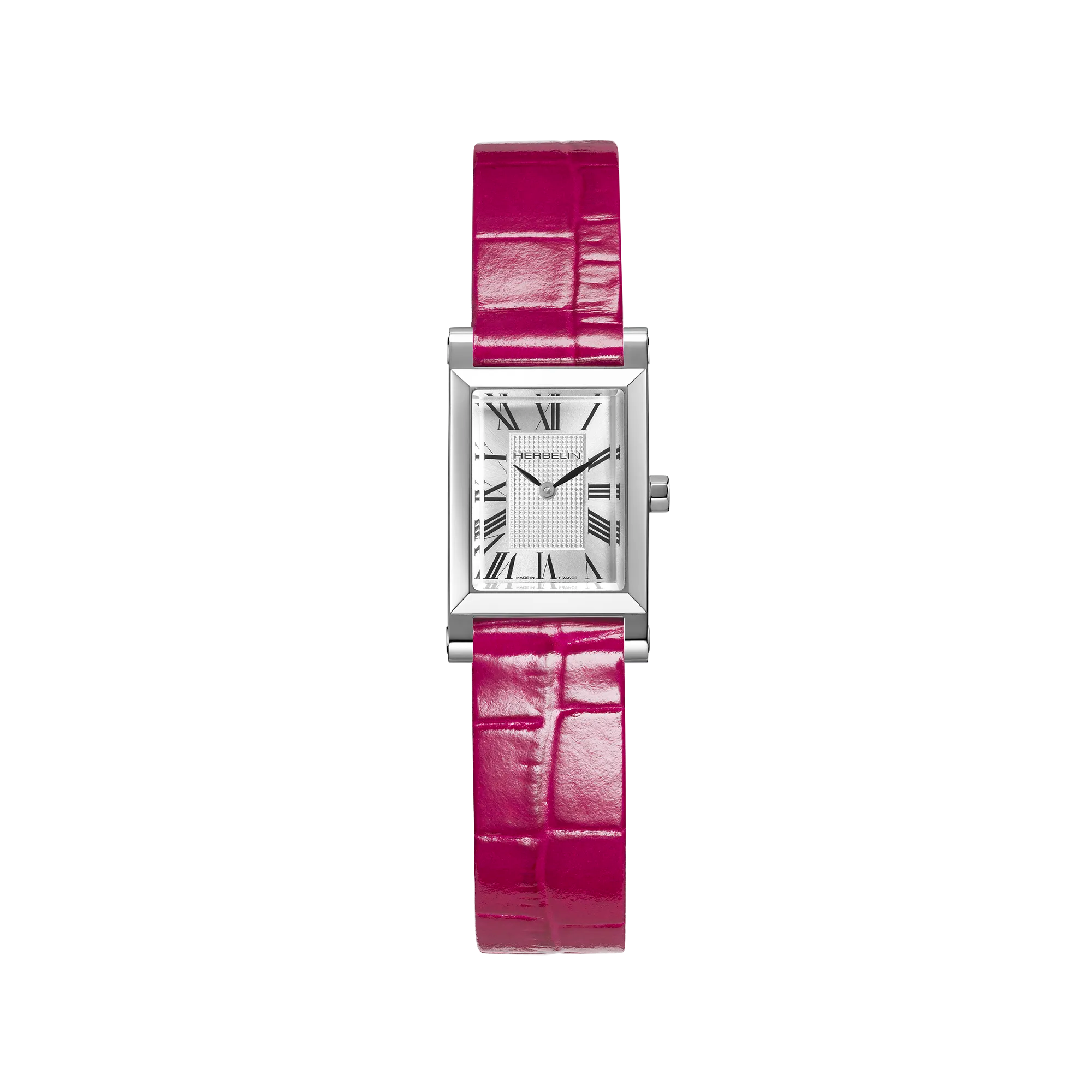 Antarès Quartz Originale, cadran argent blanc guilloché, boîtier facetté acier, bracelet cuir rose